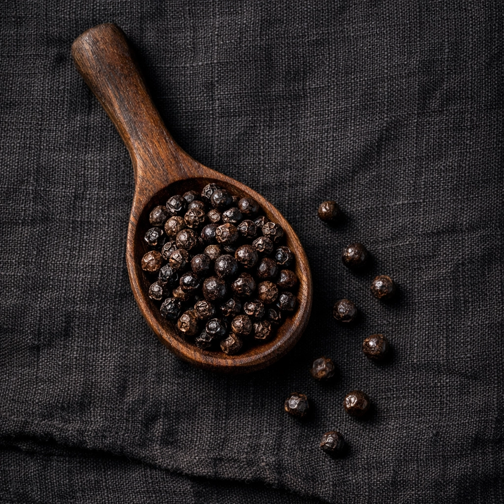 High-grade Tellicherry Bold black peppercorns on a rustic wooden spoon.