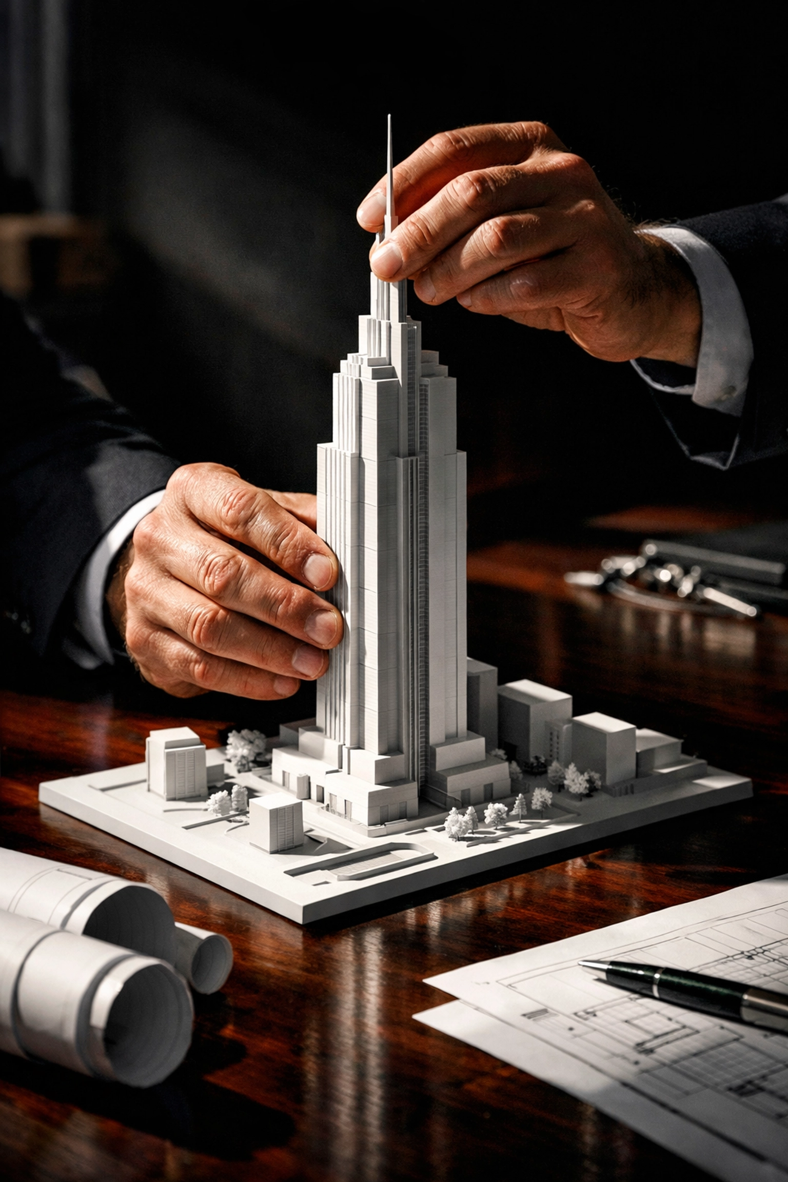 Architect's hands building a model skyscraper representing an enduring company legacy.