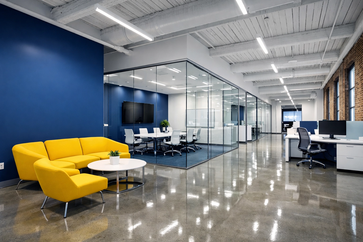 Clean modern office space in a Salem mill building showcasing expert commercial maintenance and glass cleaning.