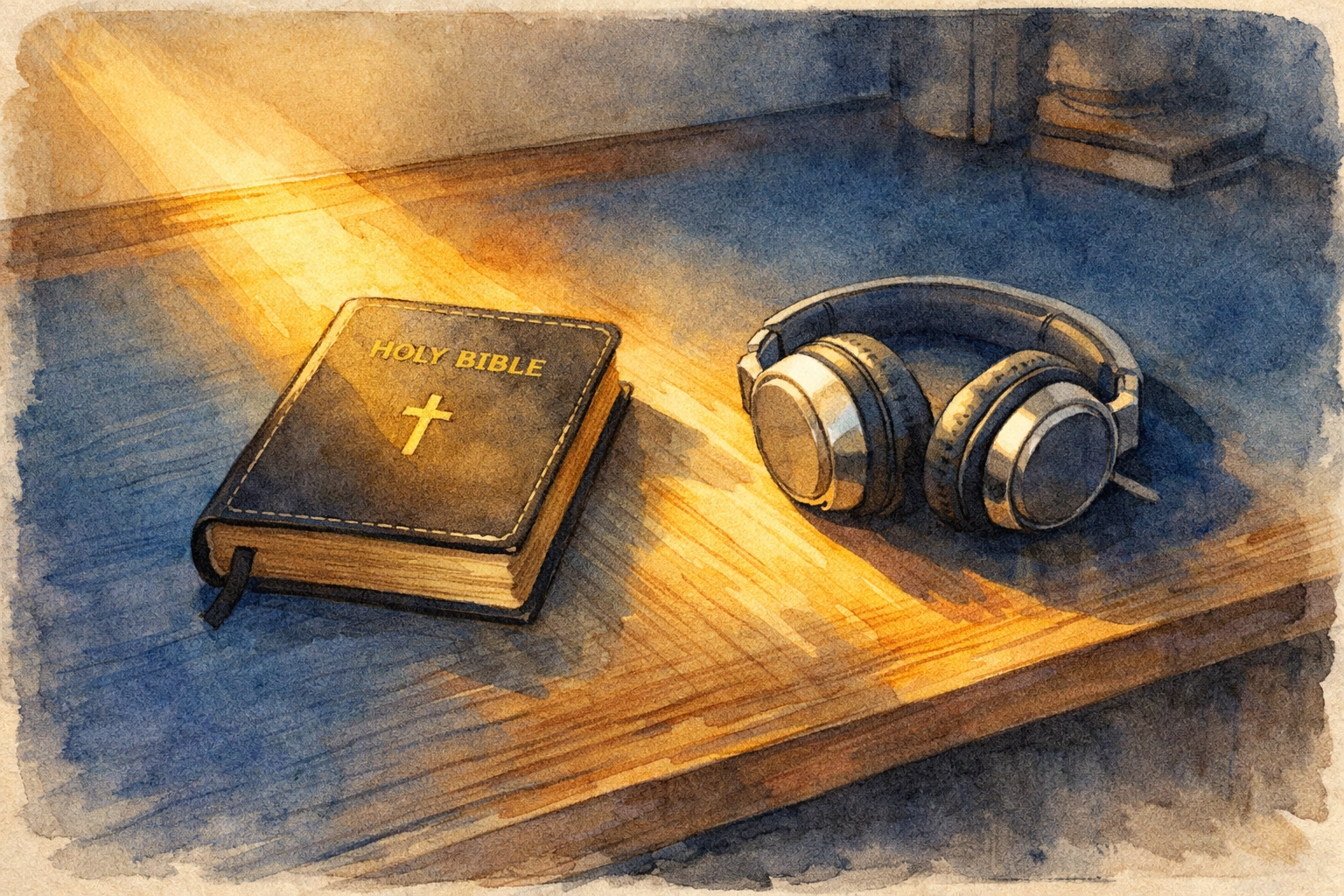 Bible and headphones on a desk for quiet leadership focus by Dr. Layne McDonald - www.laynemcdonald.com
