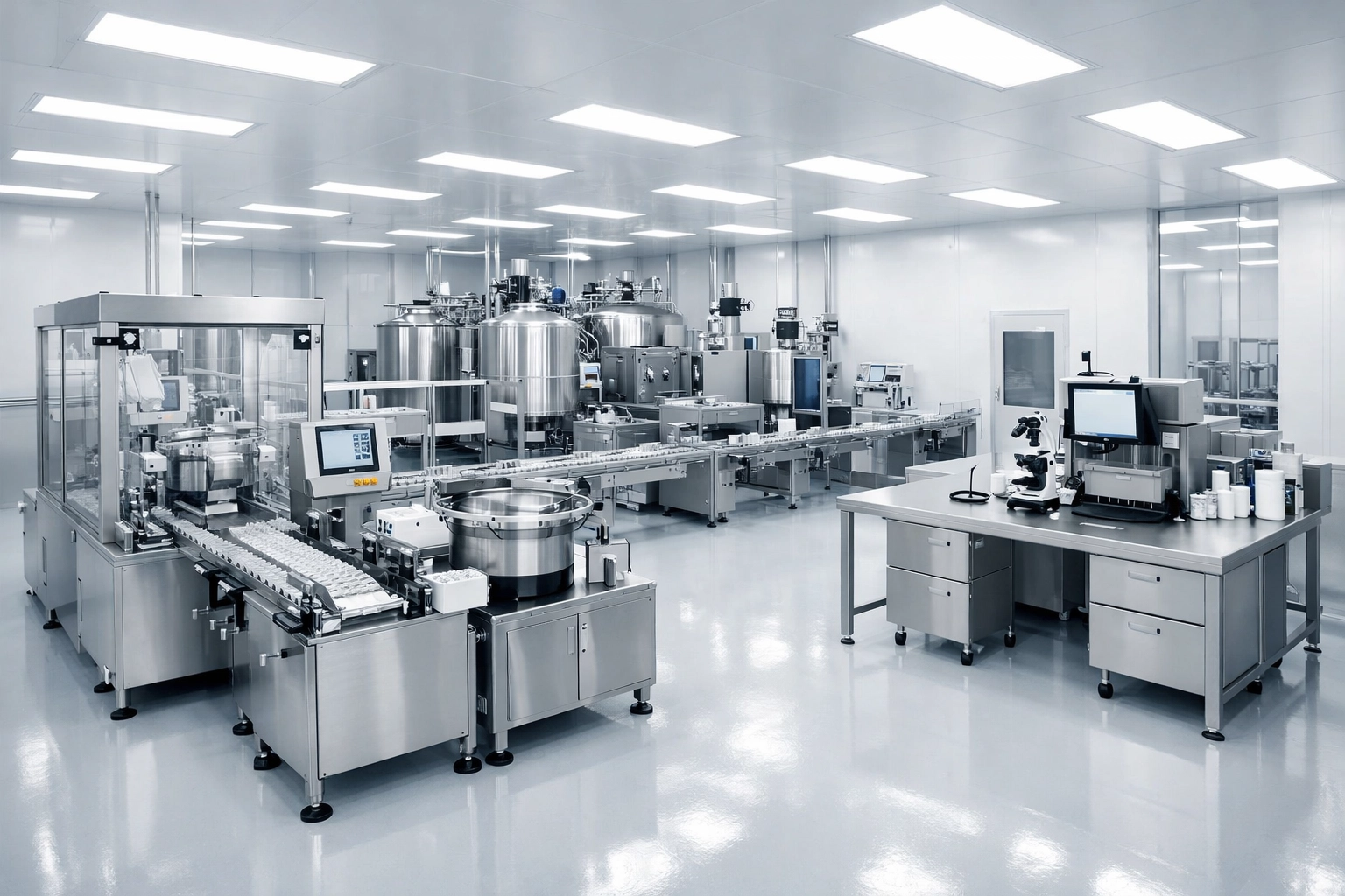 GMP-certified supplement manufacturing facility with quality control equipment