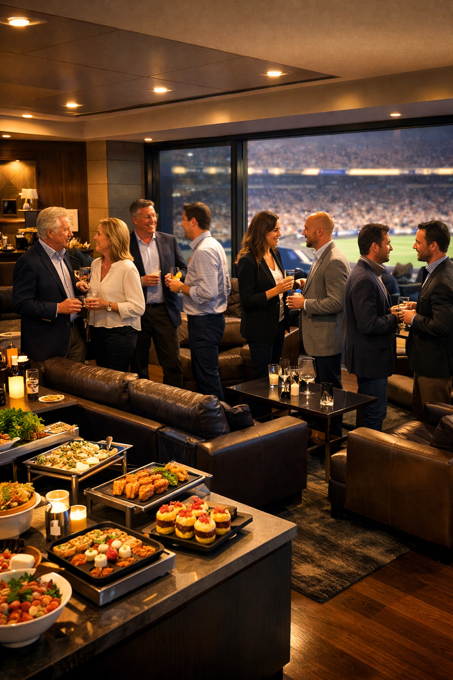 Executives networking in luxury VIP hospitality suite during Super Bowl corporate event
