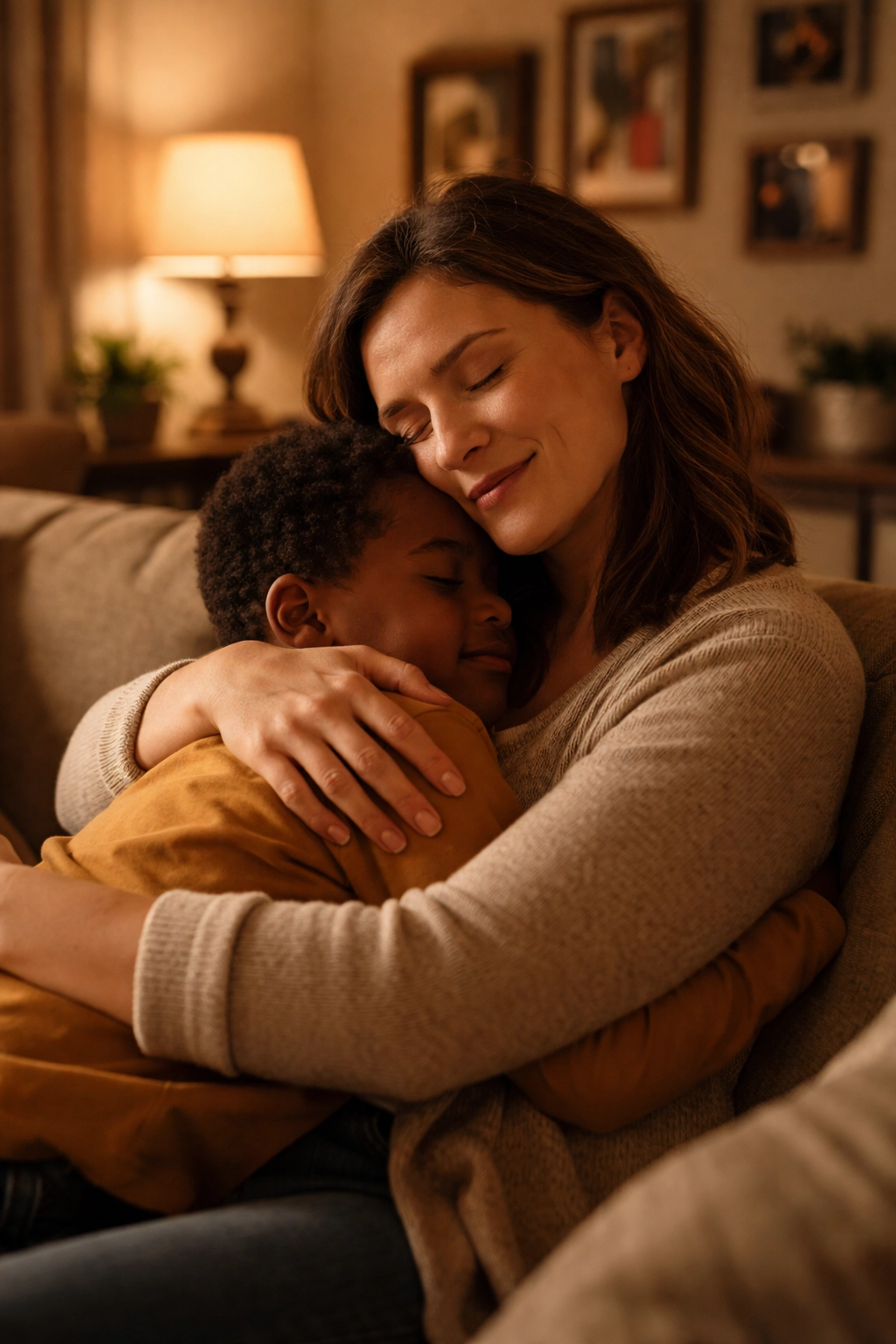 Foster mother hugging a child in a cozy living room, representing the impact of sponsoring foster care support in Missouri.