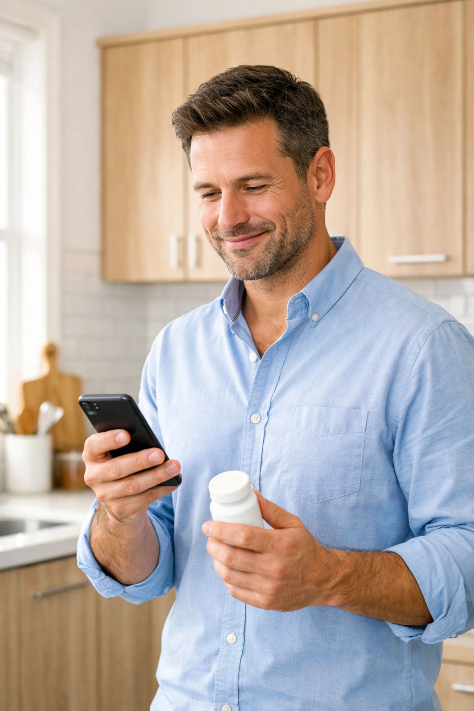 A man using his smartphone to explore medical weight loss options and telehealth alternatives to Wegovy.