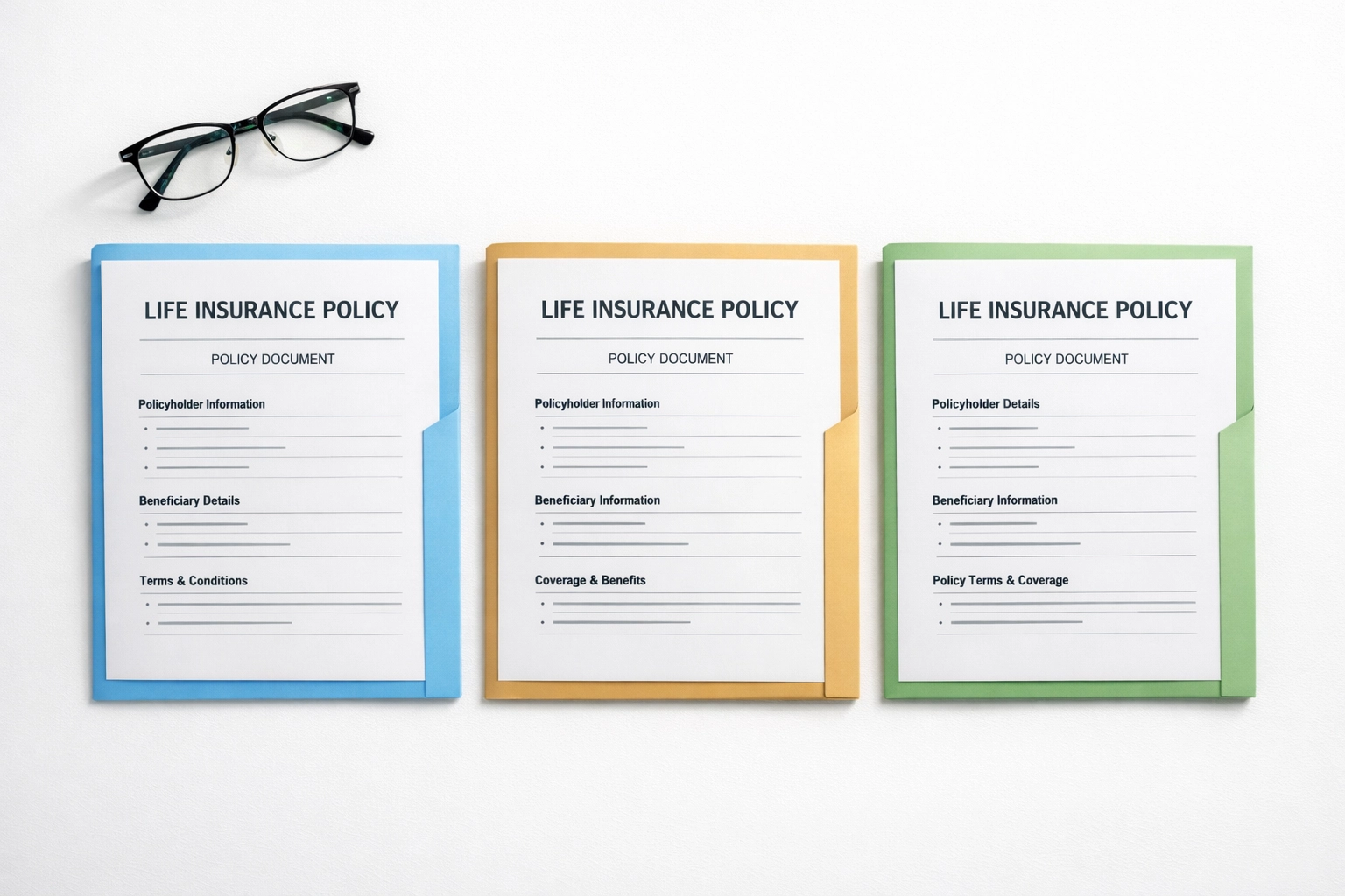 Term life, whole life, and IUL insurance policy documents compared side by side