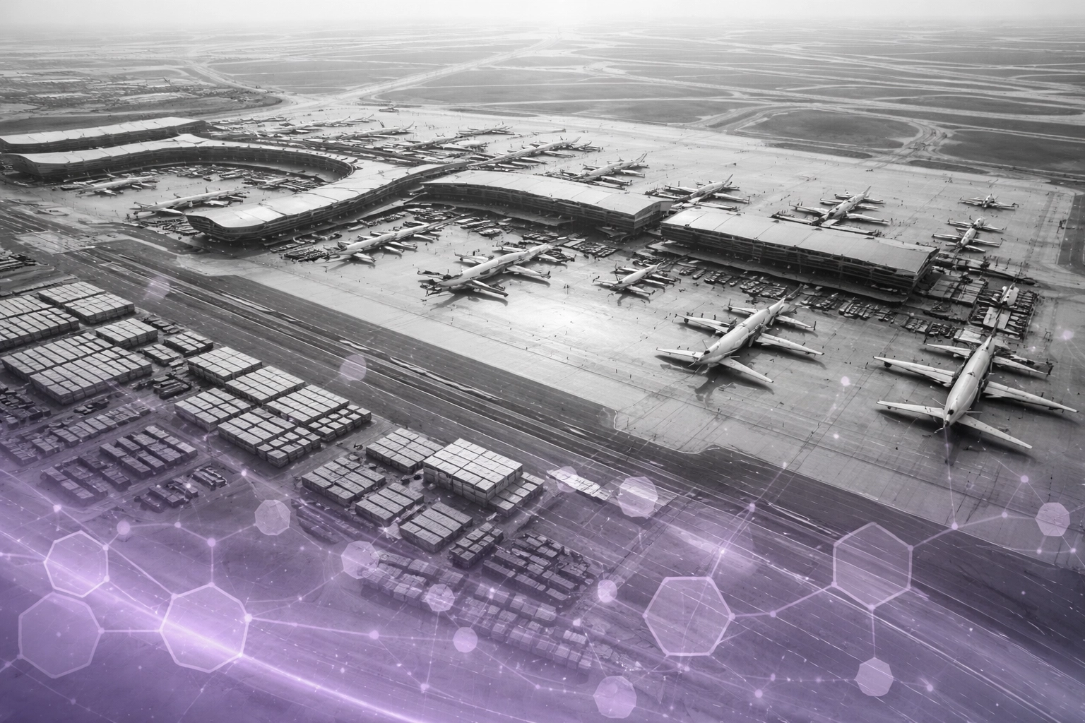 Aerial view of Hamad International Airport highlights logistics infrastructure and smart technology in Qatar