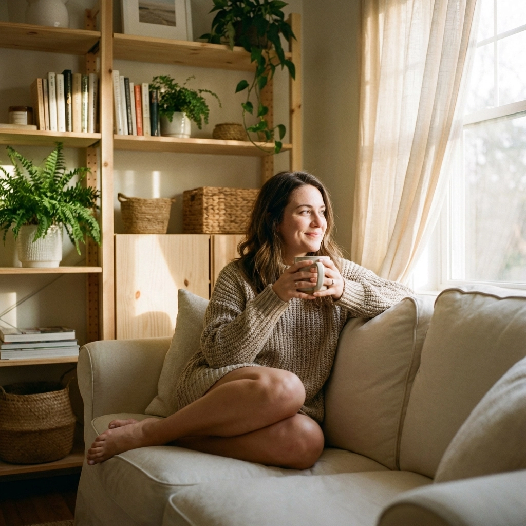 Confident woman considering Illinois surrogate requirements, sitting relaxed on a sofa in a warm, inviting living room.