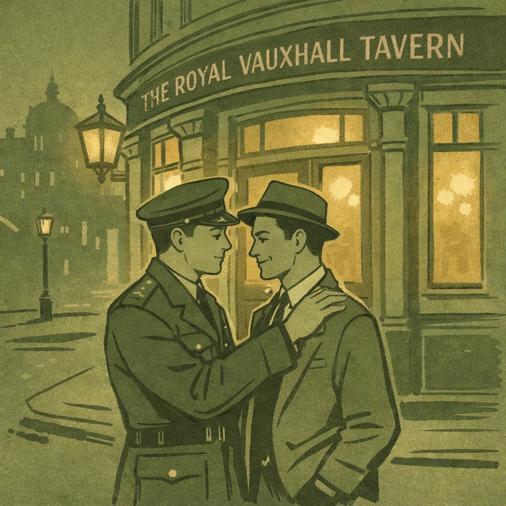 Gay men gathering outside Royal Vauxhall Tavern in 1950s London as safe LGBTQ+ space