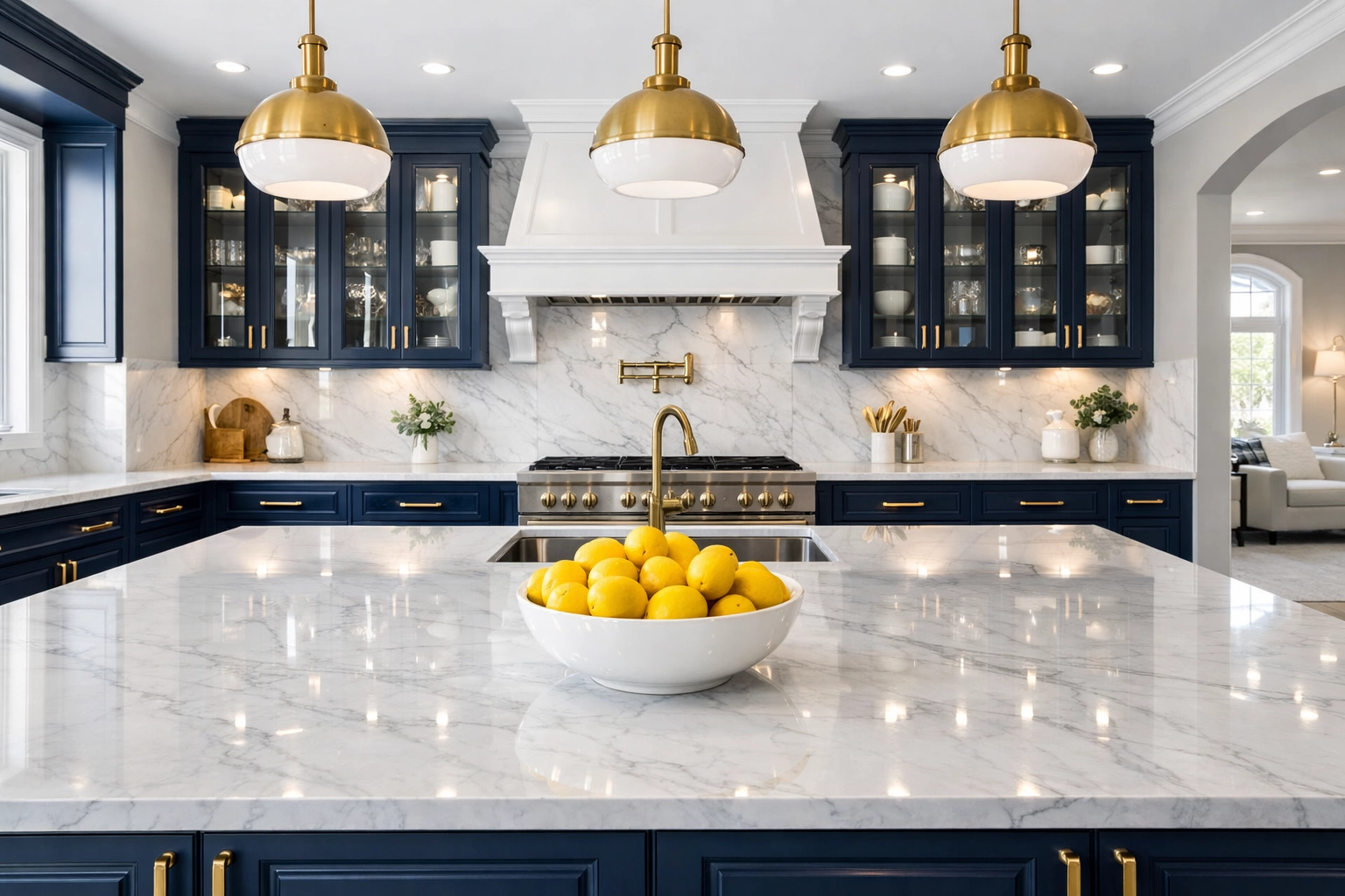 Sparkling modern kitchen with navy cabinets after a weekly house cleaning in Stow MA.