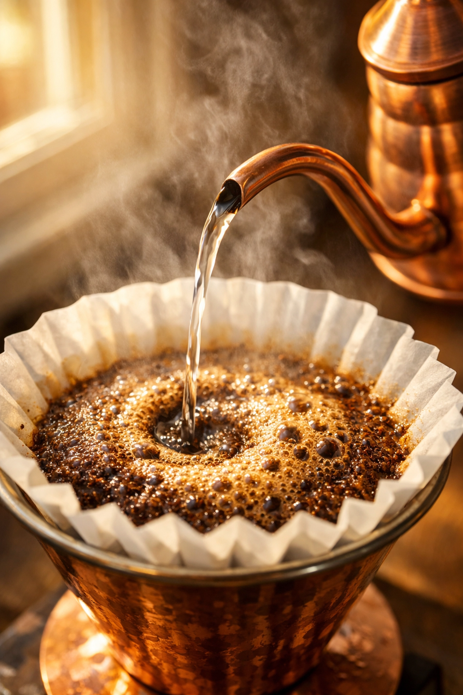 Pouring water into V60 dripper during bloom phase for perfect pour-over coffee extraction