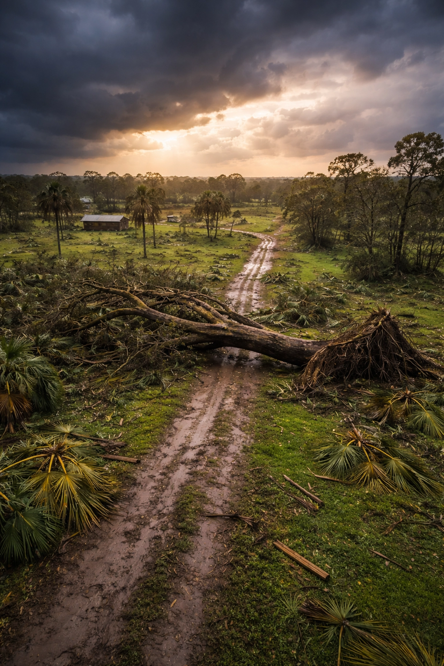 Aerial view of Florida farm after a storm with fallen trees, debris, and clearing weather, ideal for storm cleanup equipment needs.