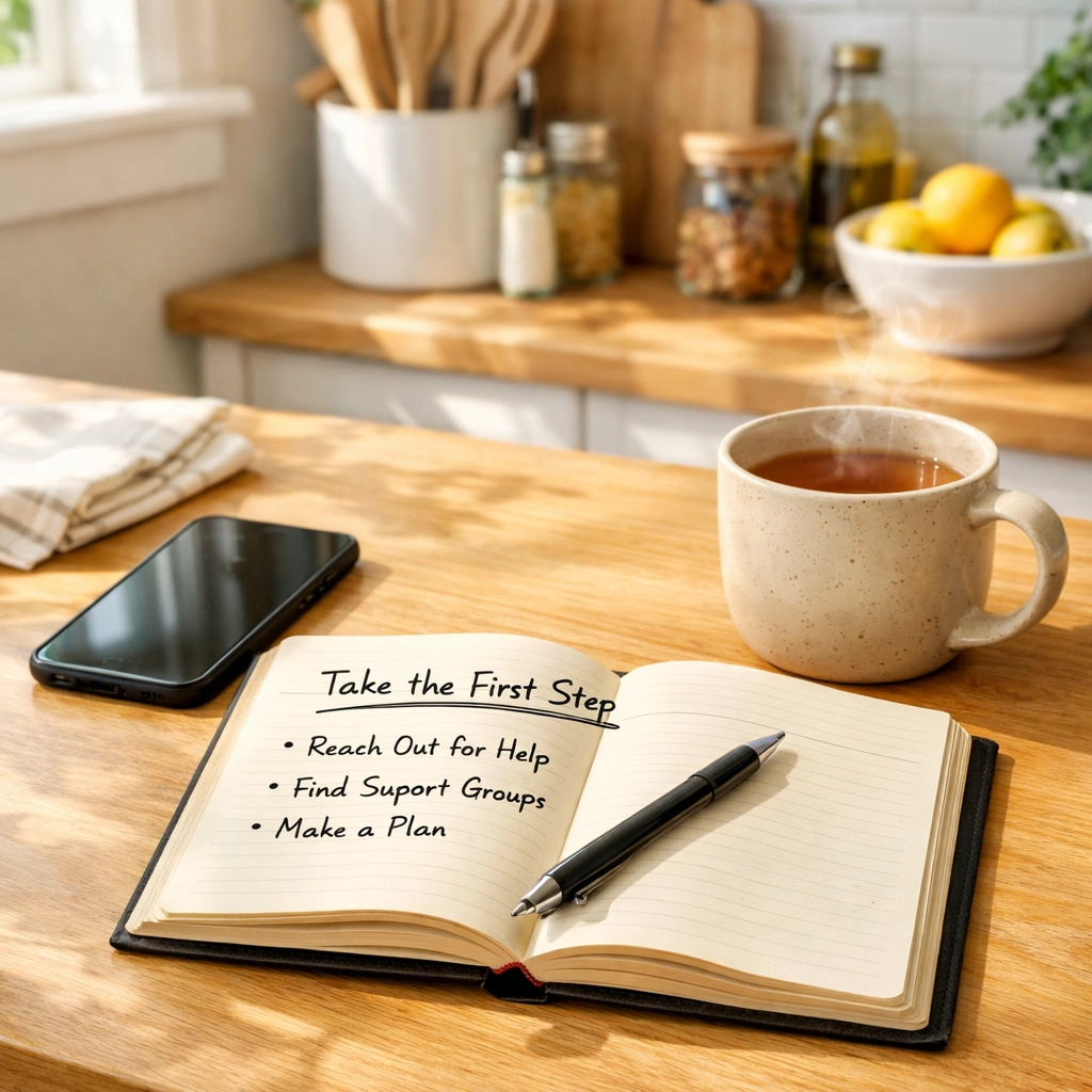 Planning local Burlington County family assistance at home with a notebook and smartphone.