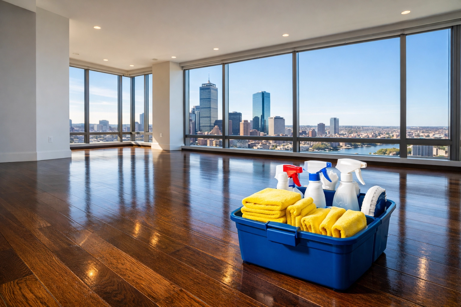 Empty luxury apartment in Boston with cleaning supplies prepared for a professional move-out clean.