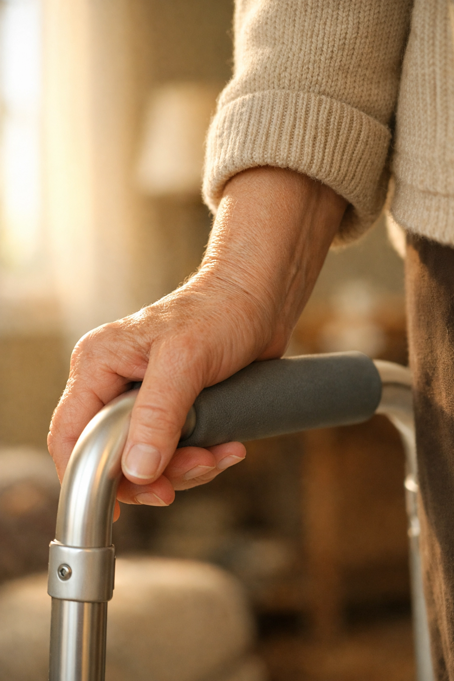 A senior showing the correct walker height by aligning the handgrip with their wrist crease.