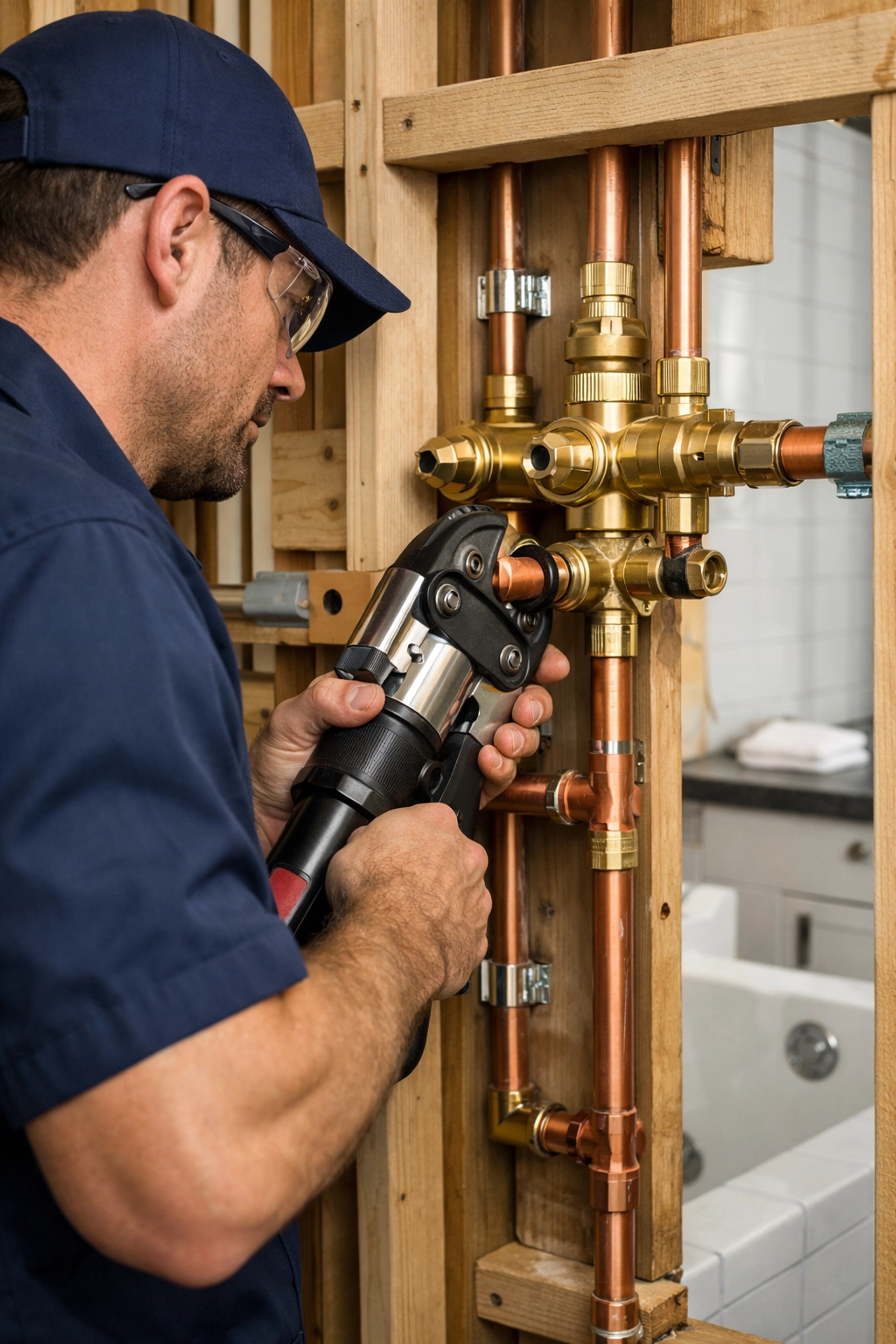 Licensed plumber installing a shower valve and copper piping for a Philadelphia bathroom renovation.