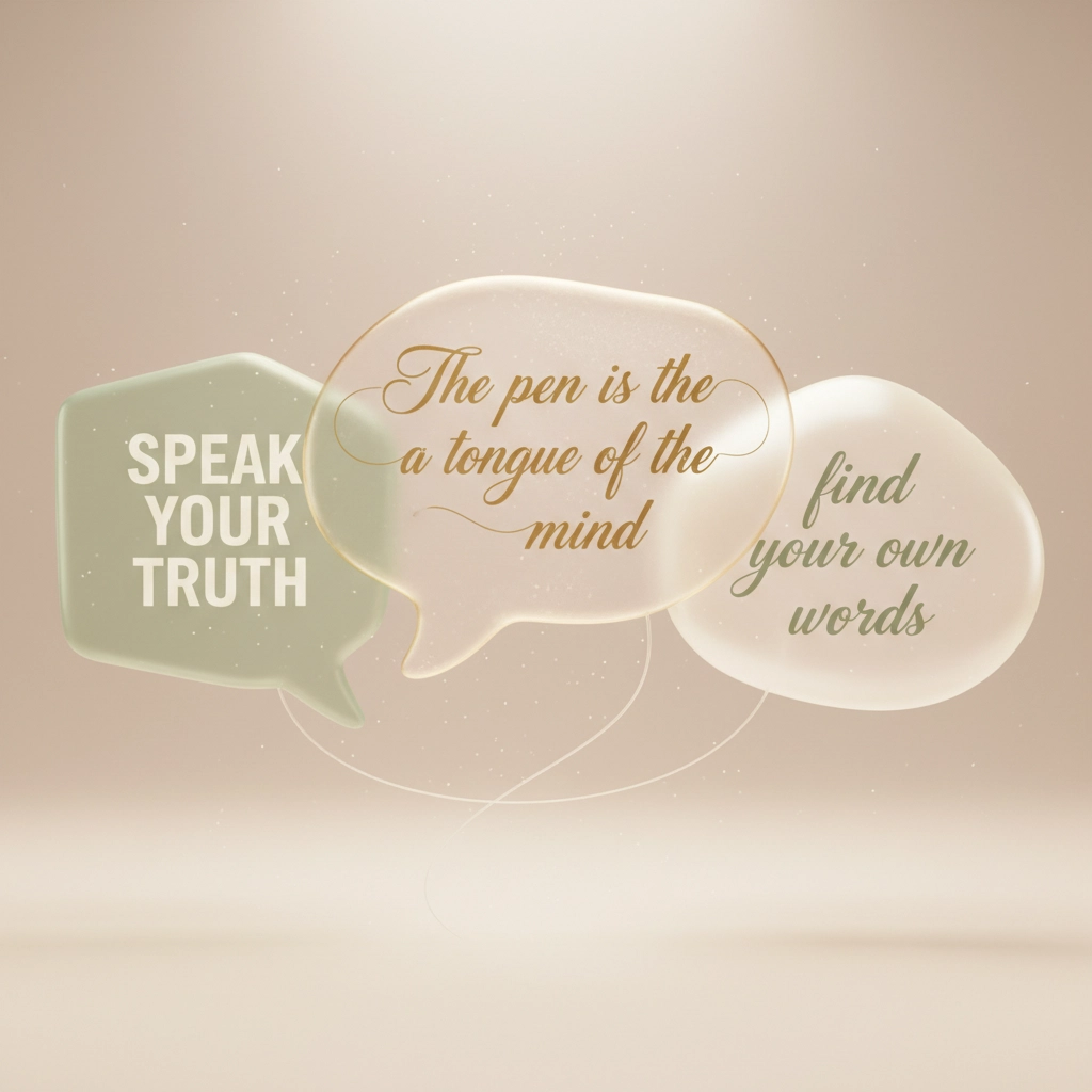 Minimalist image featuring three translucent speech bubbles with motivational quotes: ‘Speak your truth,’ ‘The pen is the tongue of the mind,’ and ‘Find your own words,’ symbolizing authentic storytelling and self-expression in writing.