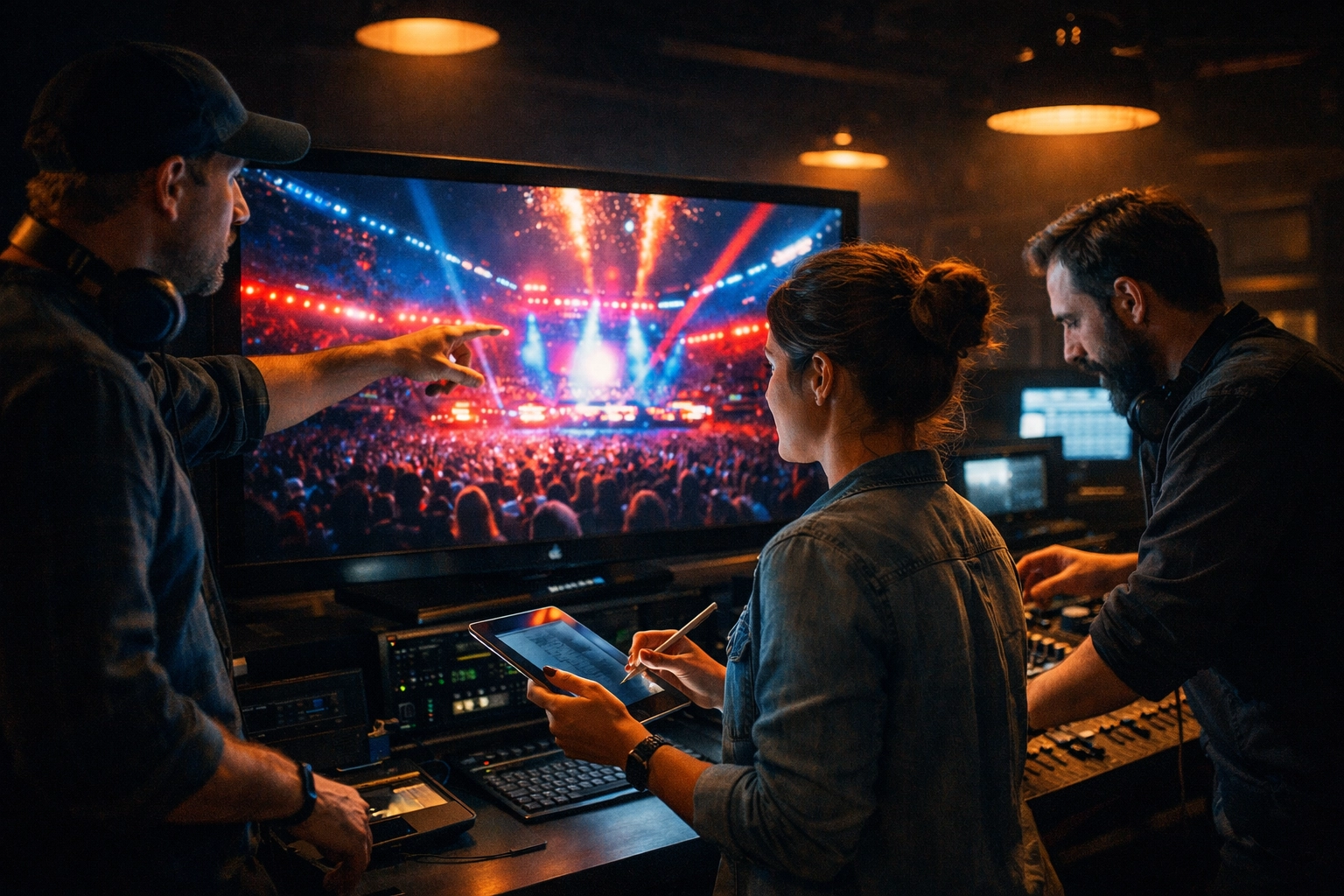 Post-production team reviewing stadium event footage during editing and quality assurance phase