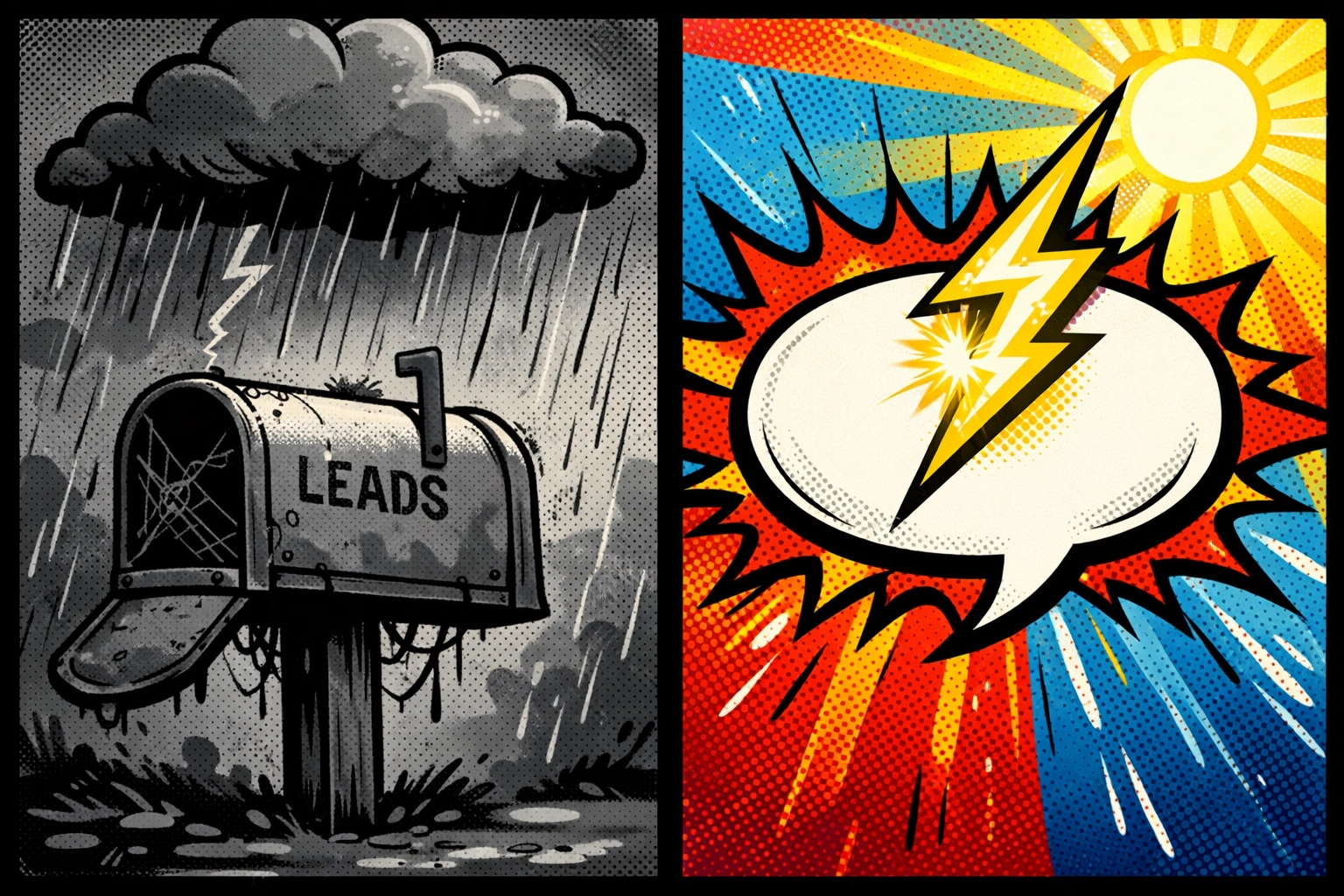 Split screen graphic contrasting old manual lead forms with fast AI lead generation responses.