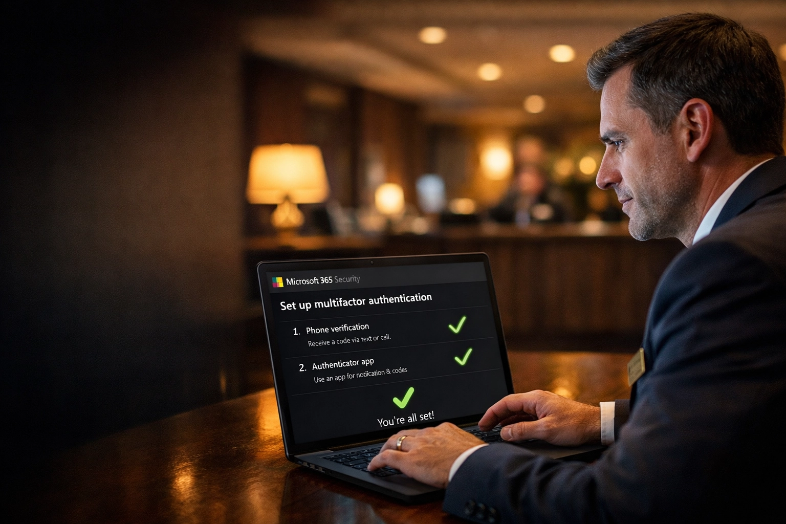 Omaha hospitality manager configuring Microsoft 365 security settings and multifactor authentication