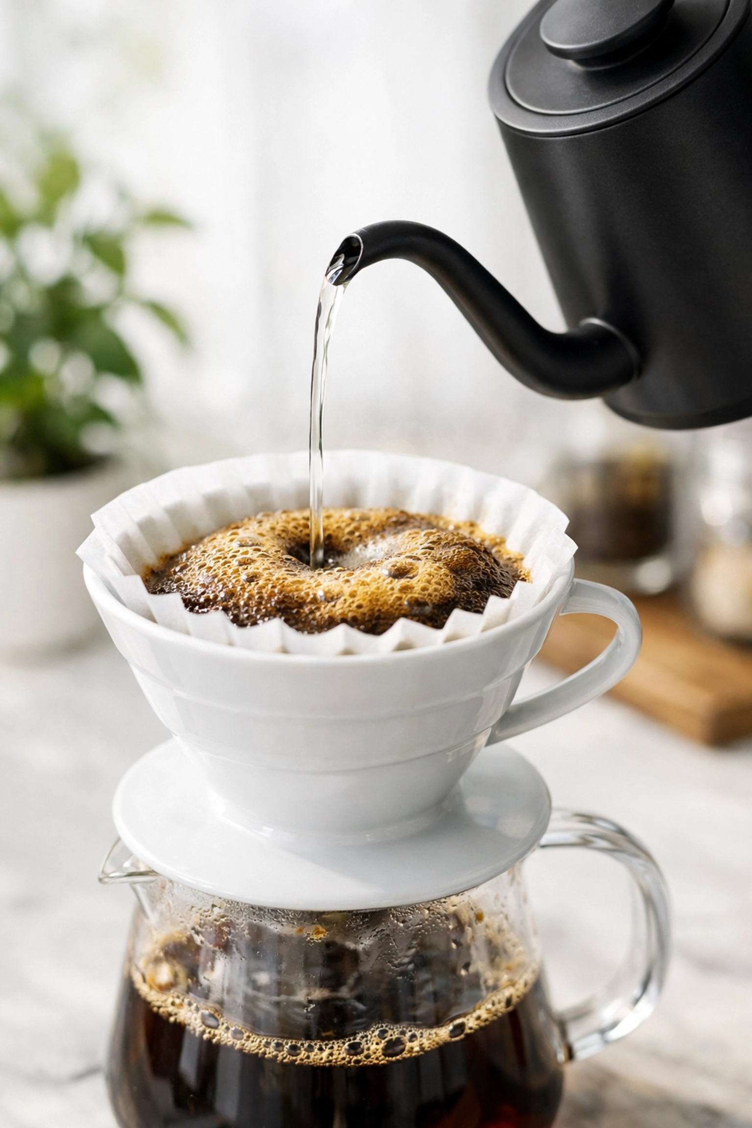 Water pouring into a V60 coffee dripper over fresh grounds during a manual pour-over brewing process.