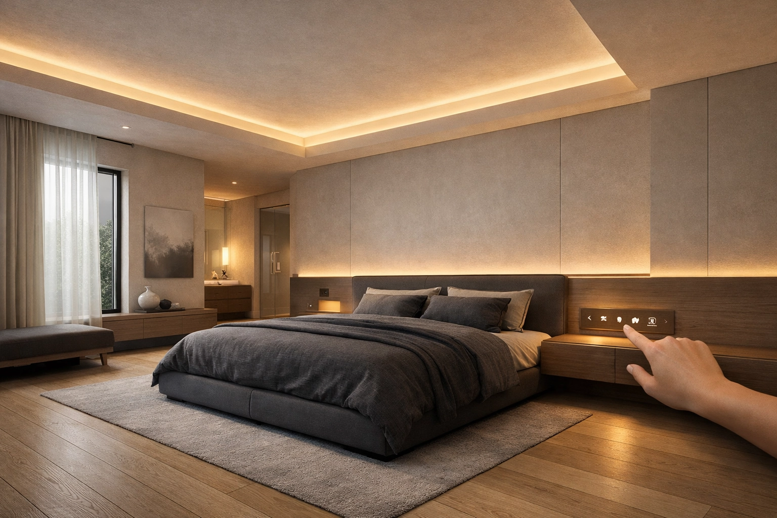 Modern custom home bedroom with invisible smart technology and elegant, integrated lighting.