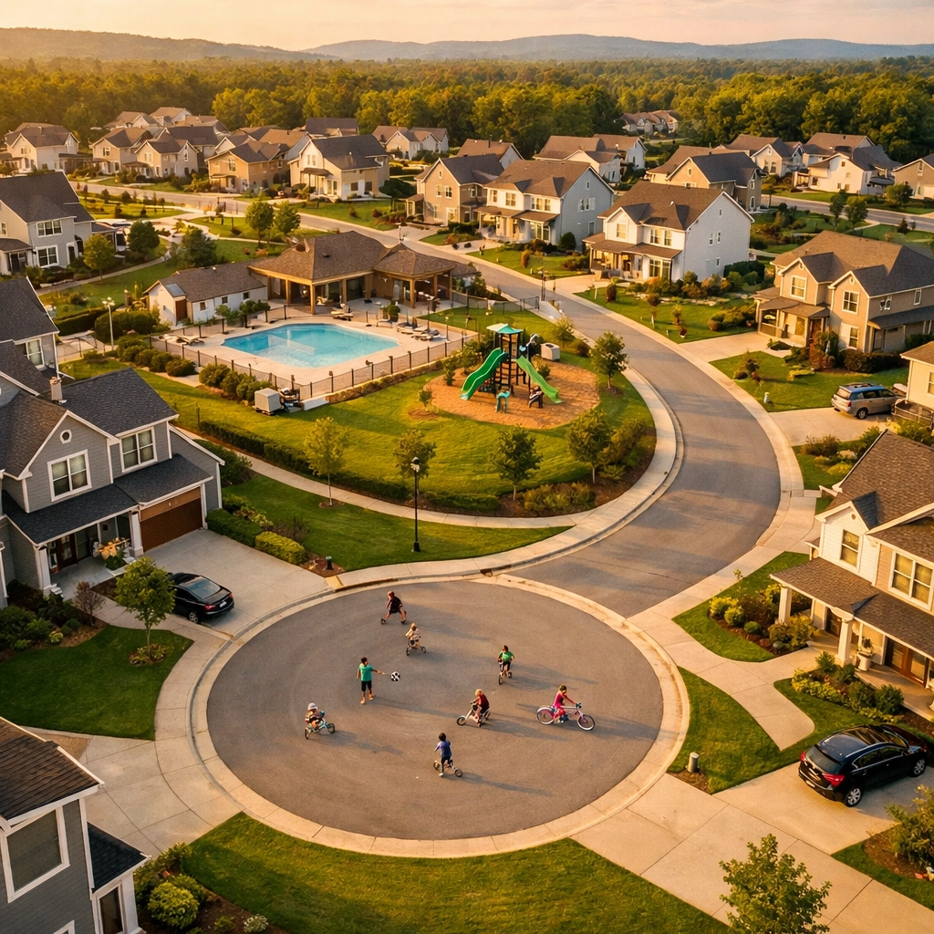 Aerial view of family-friendly Ooltewah neighborhood near Chattanooga with modern homes