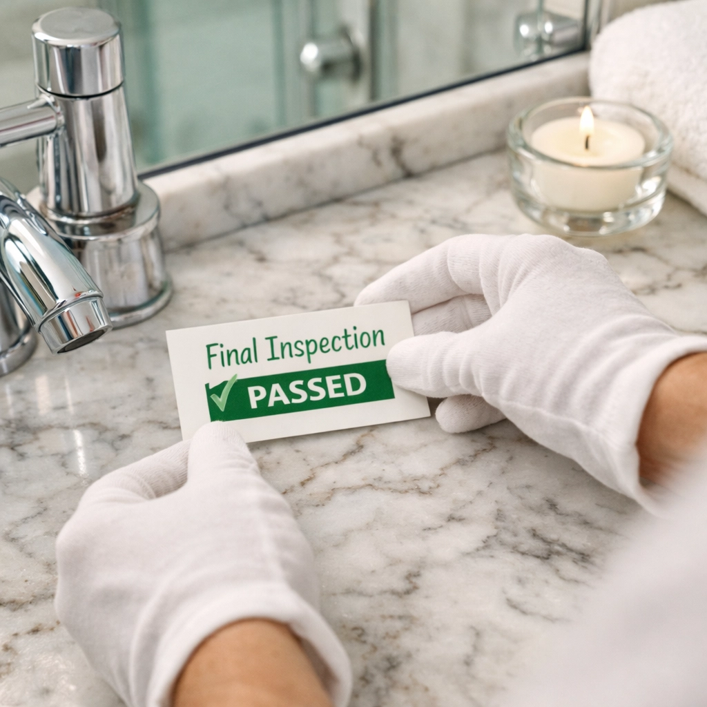 Quality inspection of a clean marble bathroom vanity by a professional Tampa cleaning service.