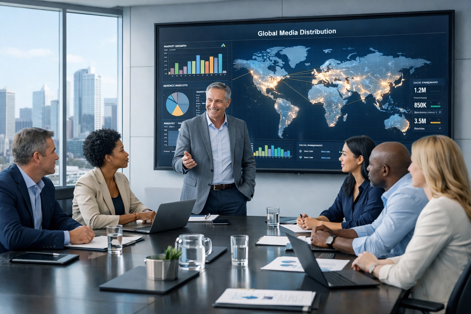 Business professionals conducting strategic planning and digital media analysis in a corporate boardroom.
