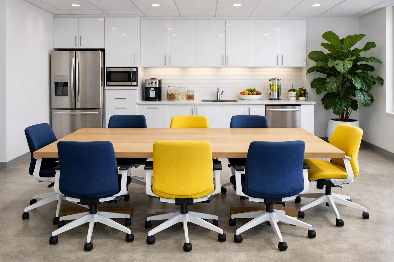 Spotless and organized modern office breakroom in Weymouth designed for employee health and wellness.
