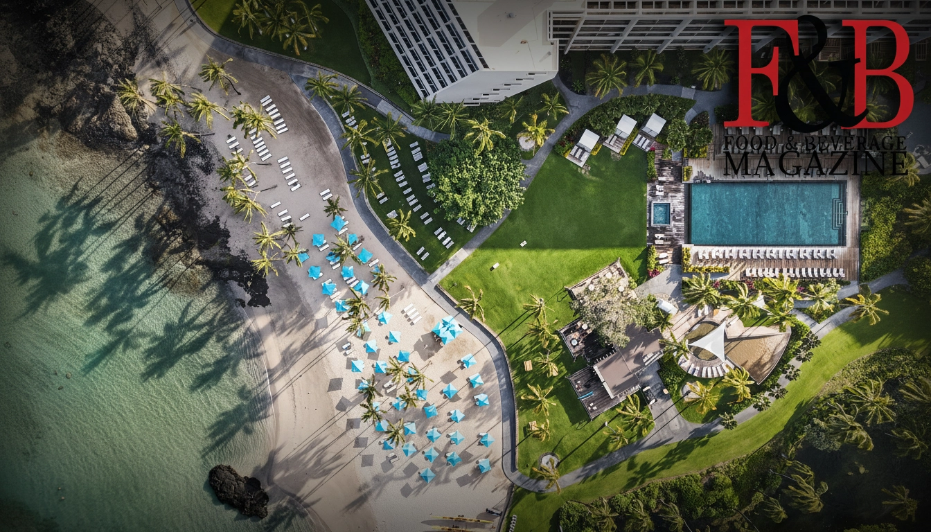 Mauna Lani resort aerial hero with Food & Beverage Magazine logo for Blue Ribbon Sushi partnership