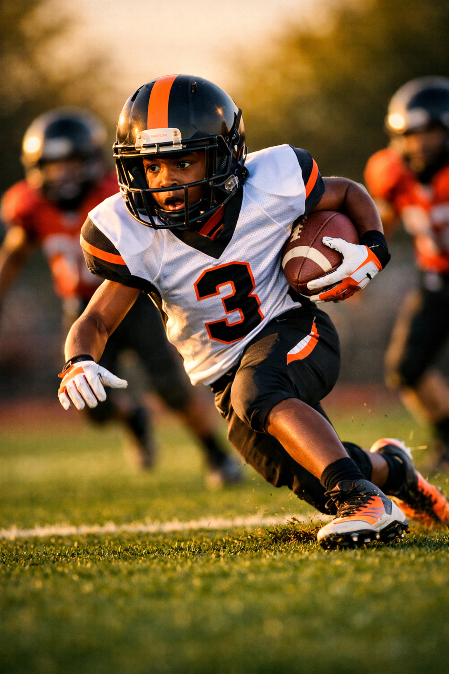 Young running back making explosive cut showing elite agility and vision