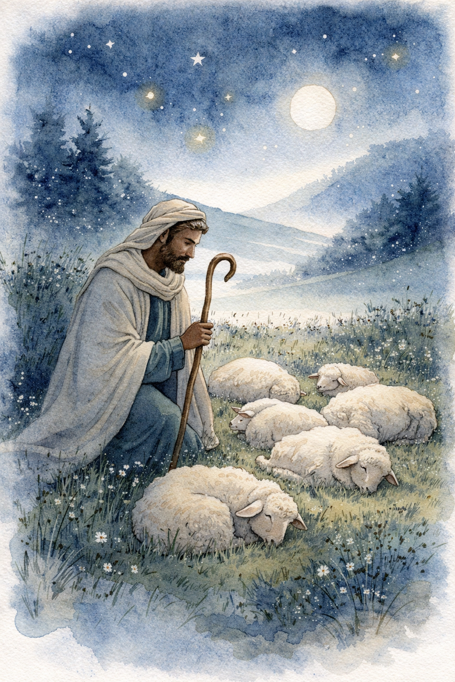A peaceful nocturnal scene of a caring shepherd watching over sleeping sheep in a moonlit meadow, symbolizing God's guidance and restful care.