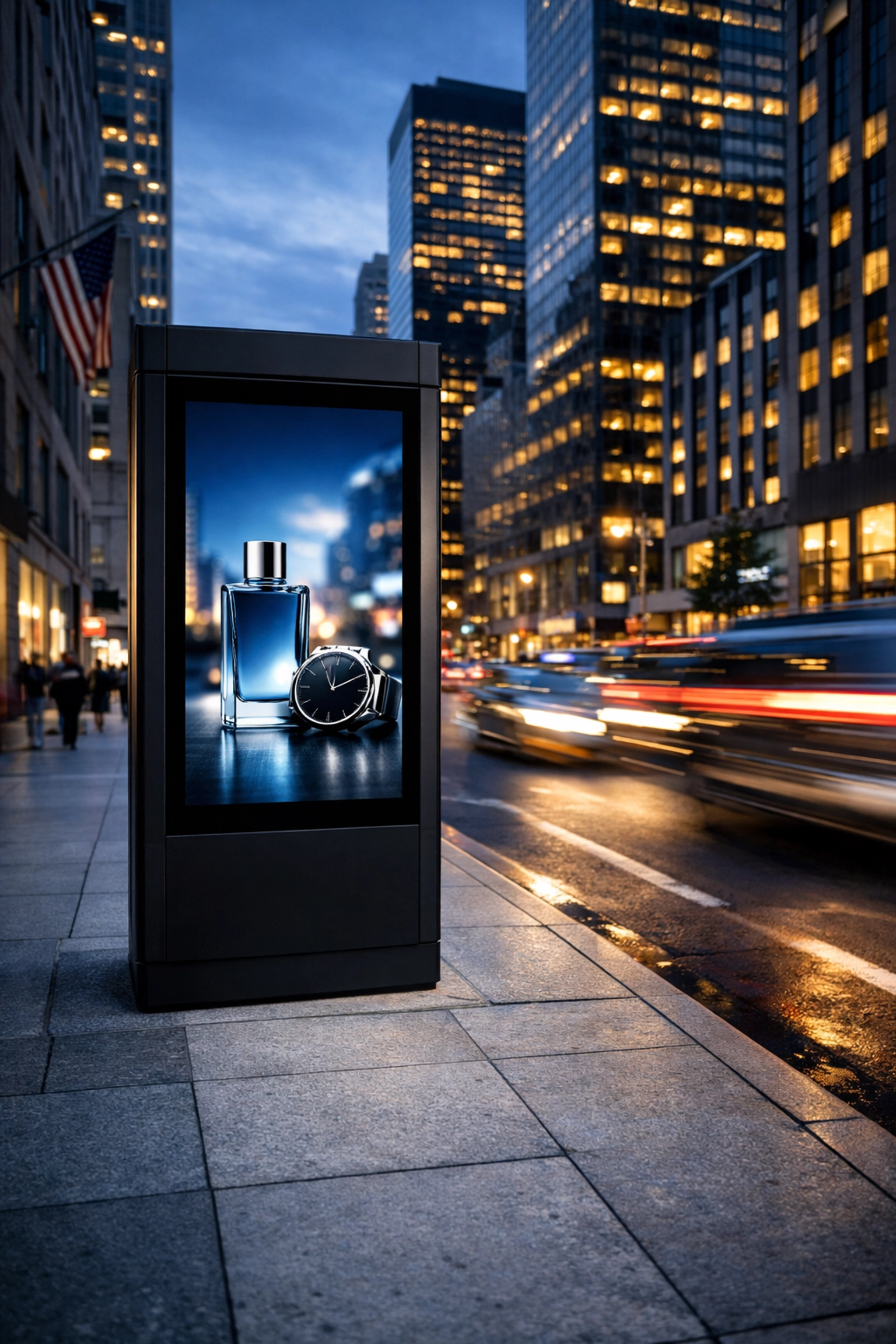 Modern digital advertising kiosk in a New York business district illustrating local DOOH reach.