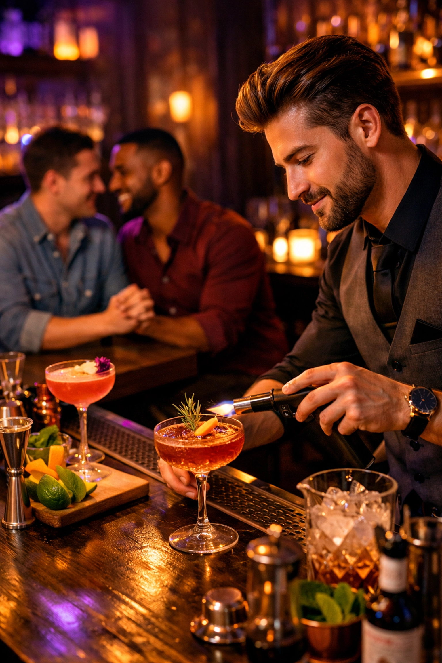 Bartender crafting cocktails at inclusive gay bar with couple in background