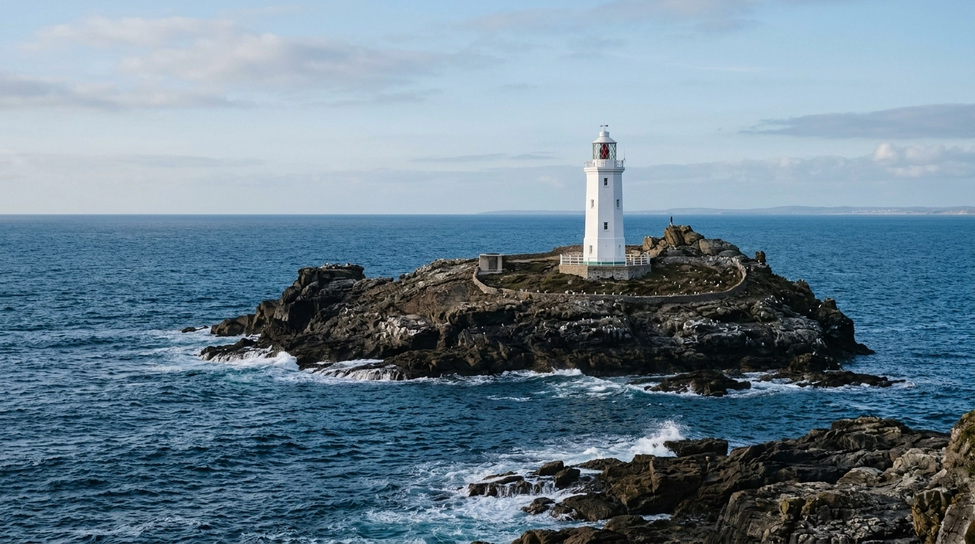 The white octagonal Godrevy Lighthouse on its rocky island