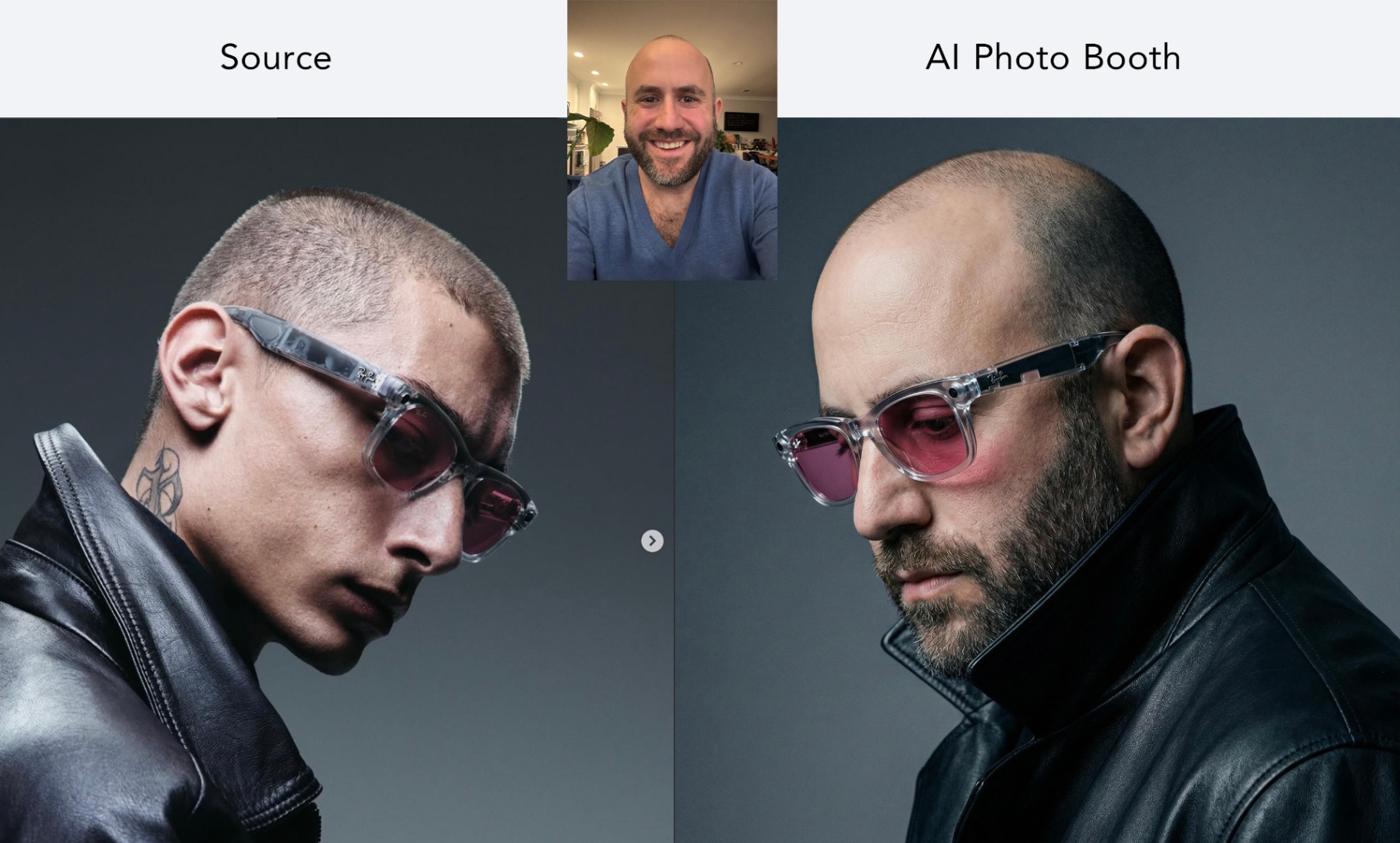 AI photo booth fashion transformation with cinematic leather jacket styling for a Ray-Ban brand activation—editorial street-style campaign look.