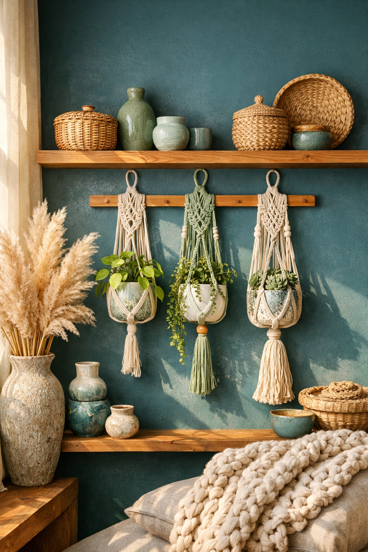 Transformative teal accent wall with macramé plant hangers and boho handcrafted decor in 2026 color trends