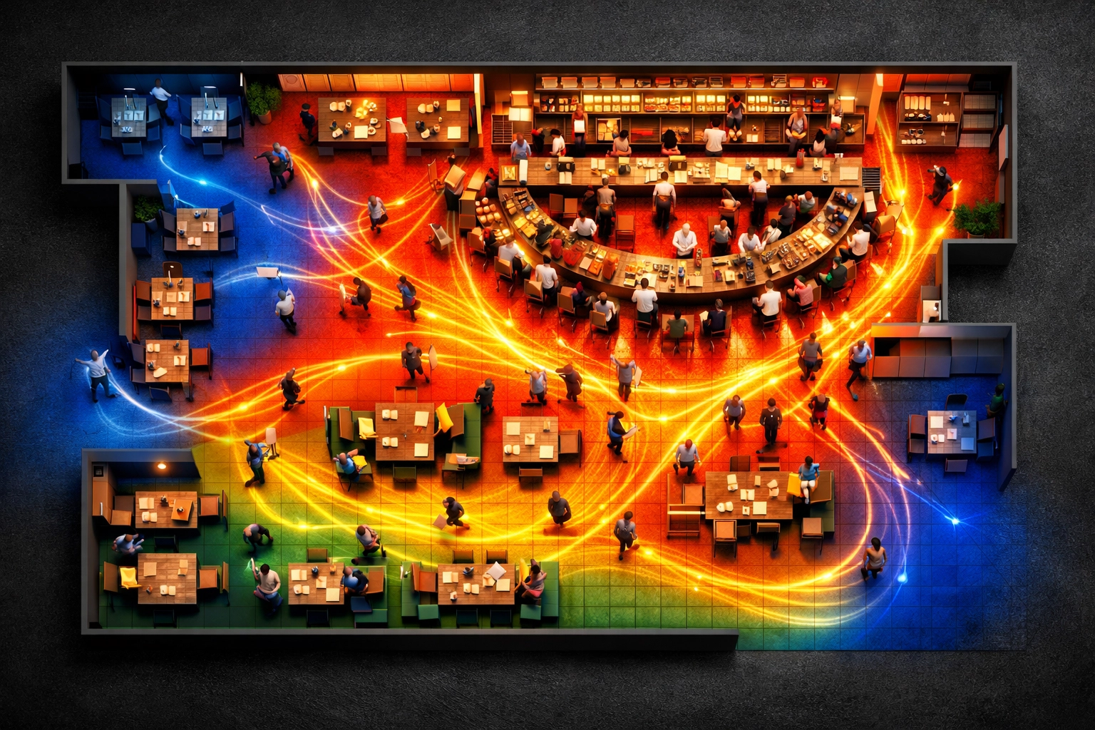Heat map visualization of restaurant traffic patterns showing customer flow and service bar bottlenecks.