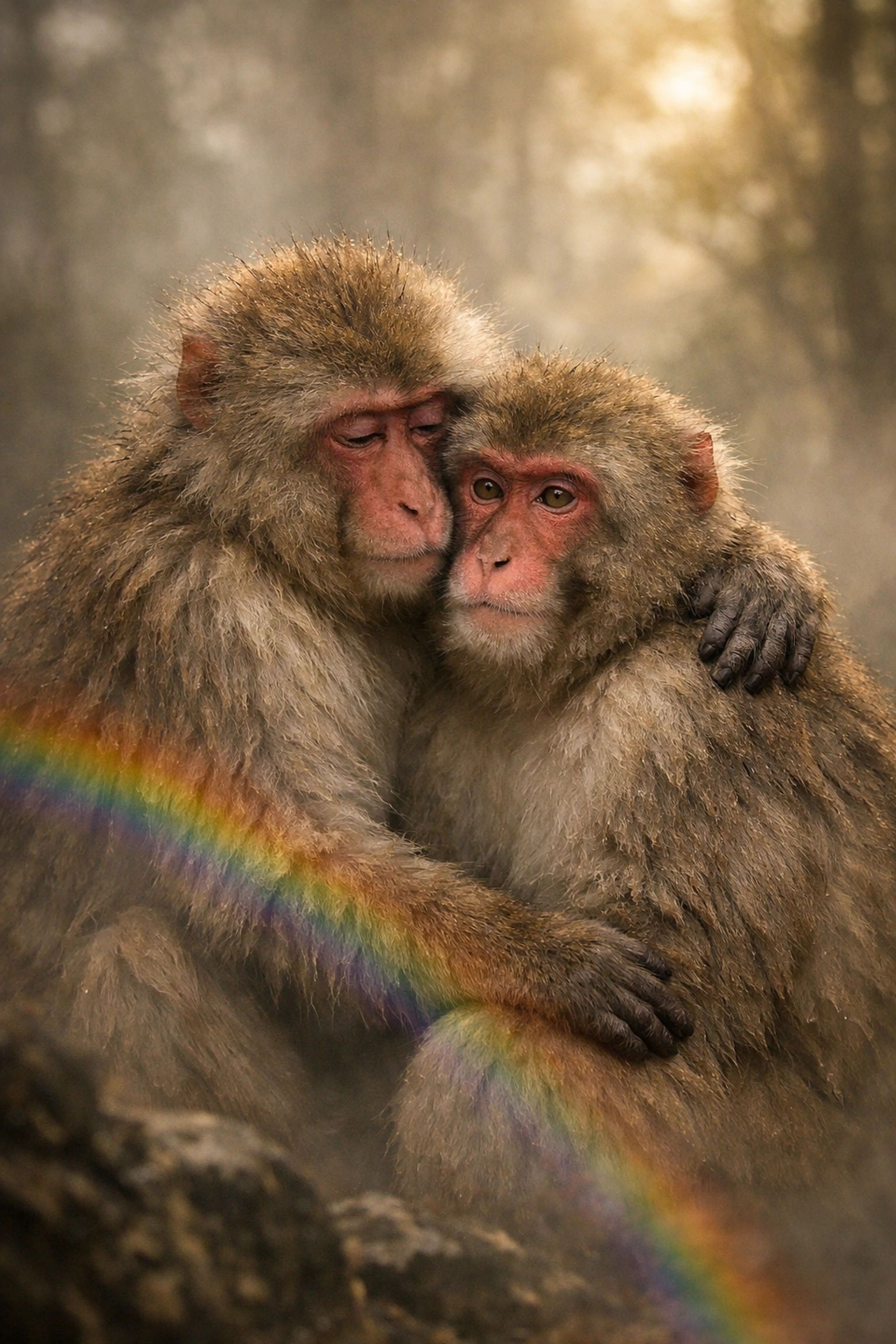 Male macaques displaying same-sex behavior in a misty forest, illustrating natural primate pride and bonds.