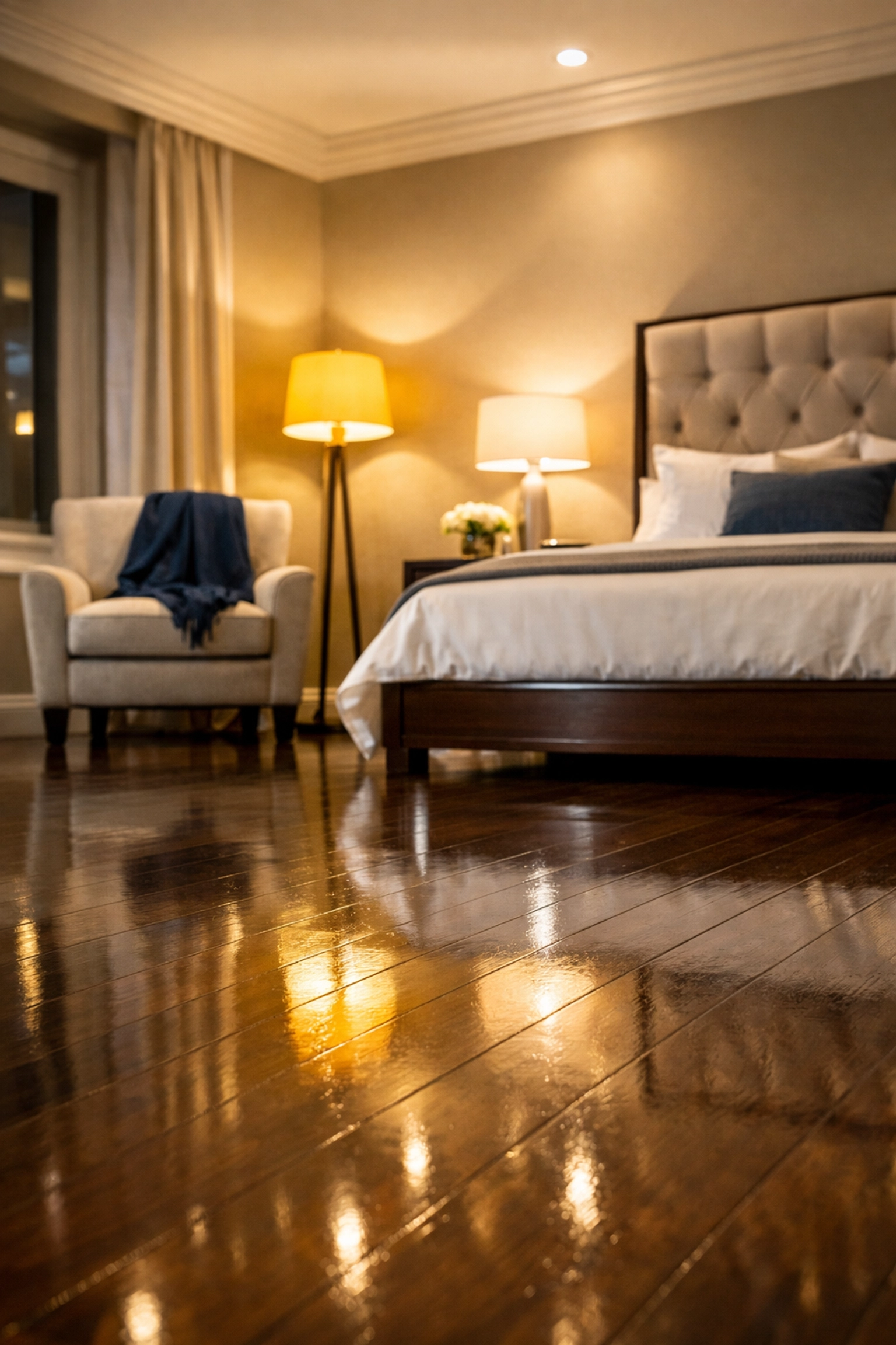 Spotless residential bedroom suite in Leominster MA with dust-free surfaces and vacuumed floors.