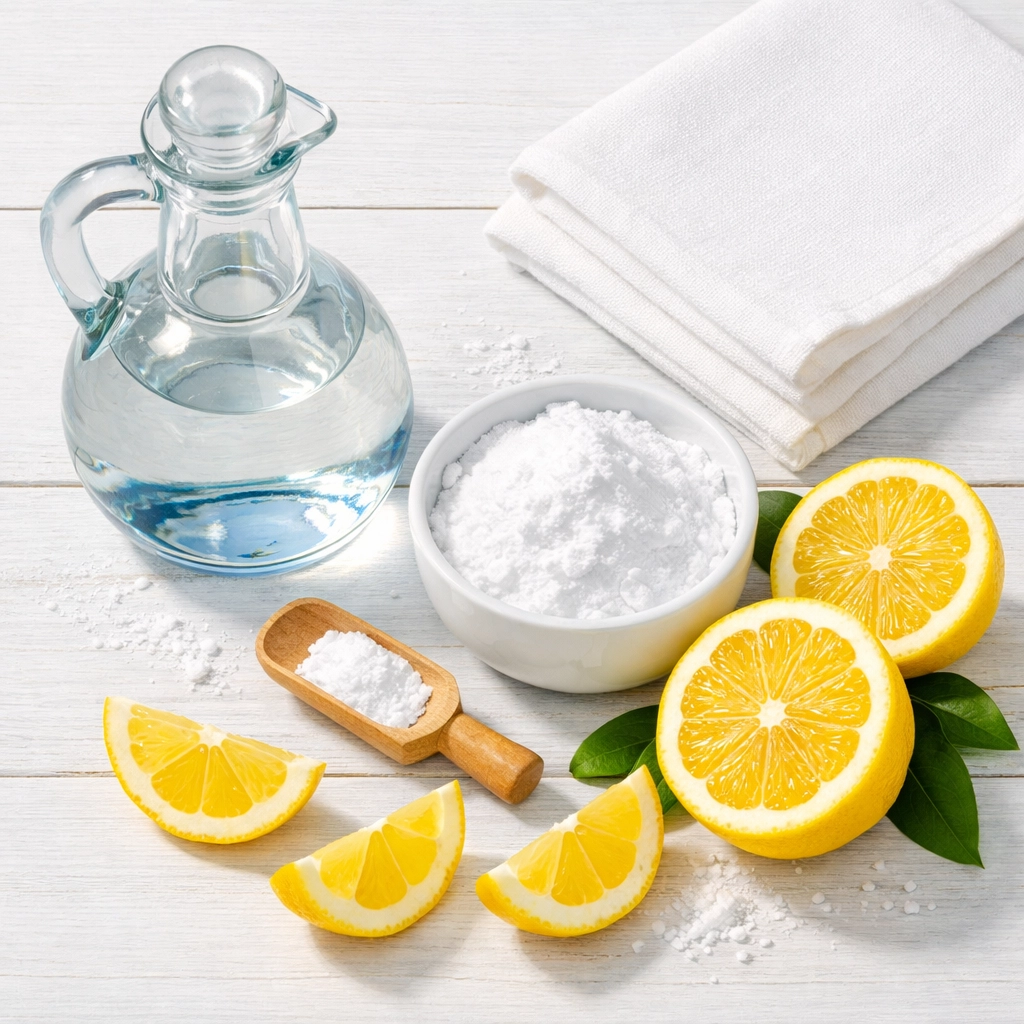 Eco-friendly cleaning ingredients like vinegar, baking soda, and lemons for non-toxic stain removal.