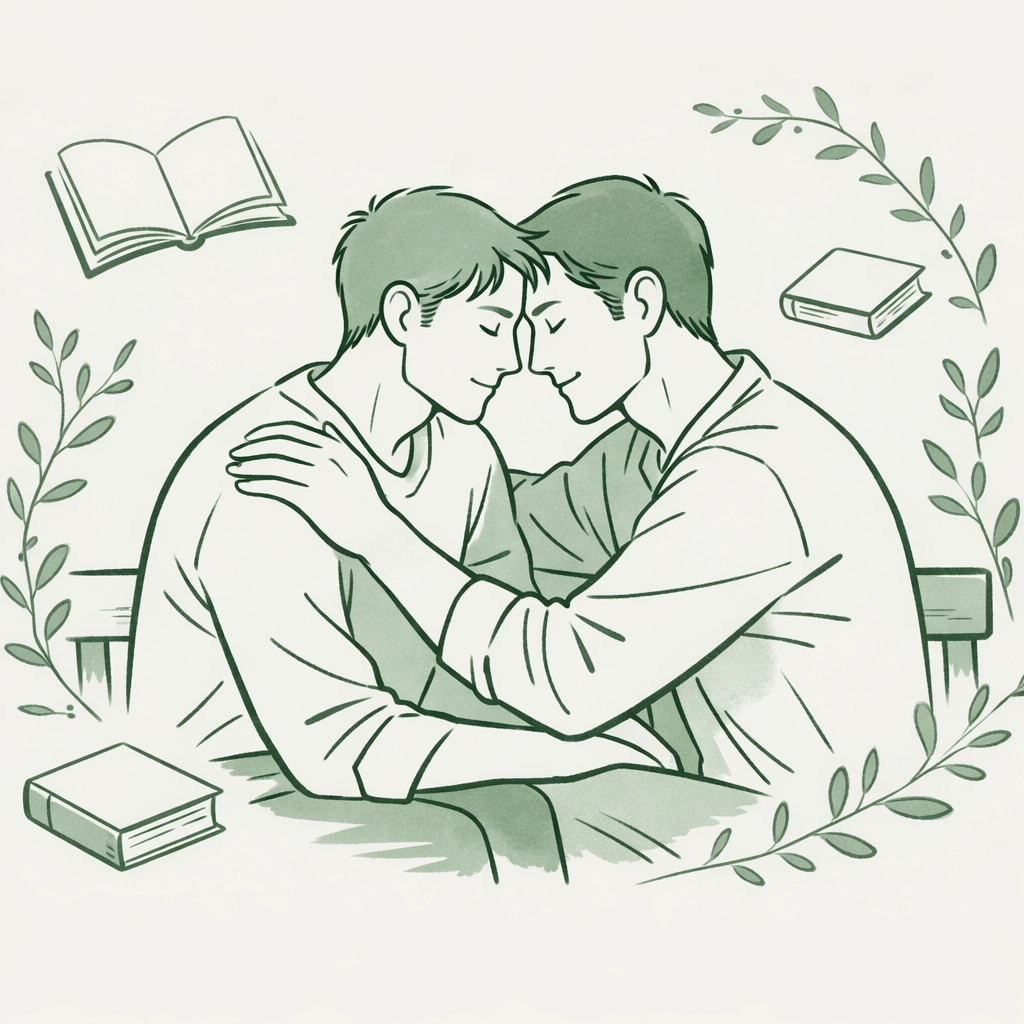 Minimalist green illustration of two men in an intimate embrace, representing emotional connection in queer fiction.