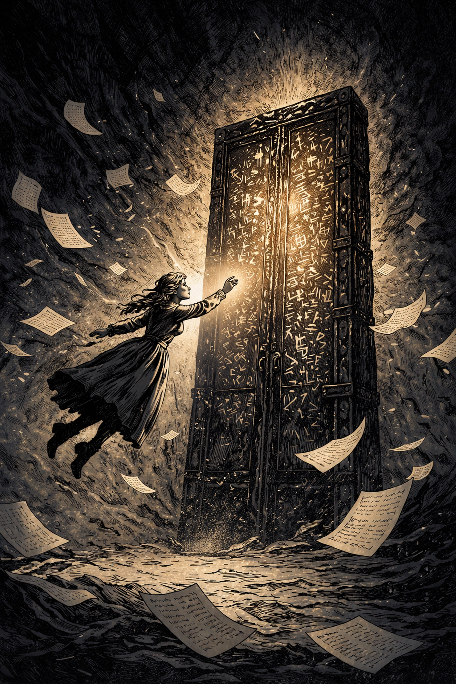 A lone woman drifts weightlessly toward a glowing iron door surrounded by floating papers, symbolizing unraveling laws in this gaslamp fantasy setting.