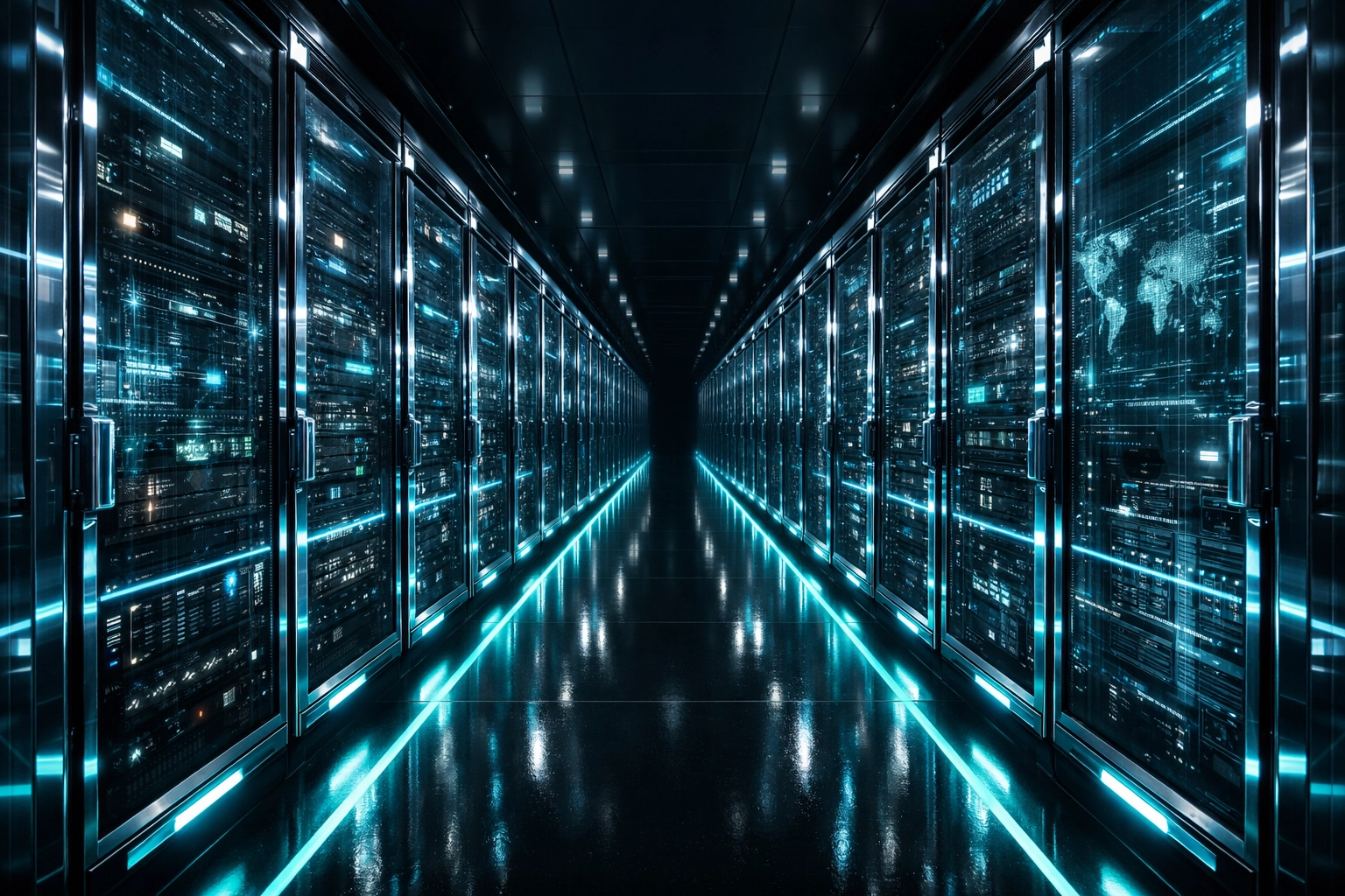 Sleek data center with chrome server racks symbolizing the technical infrastructure for legal websites.