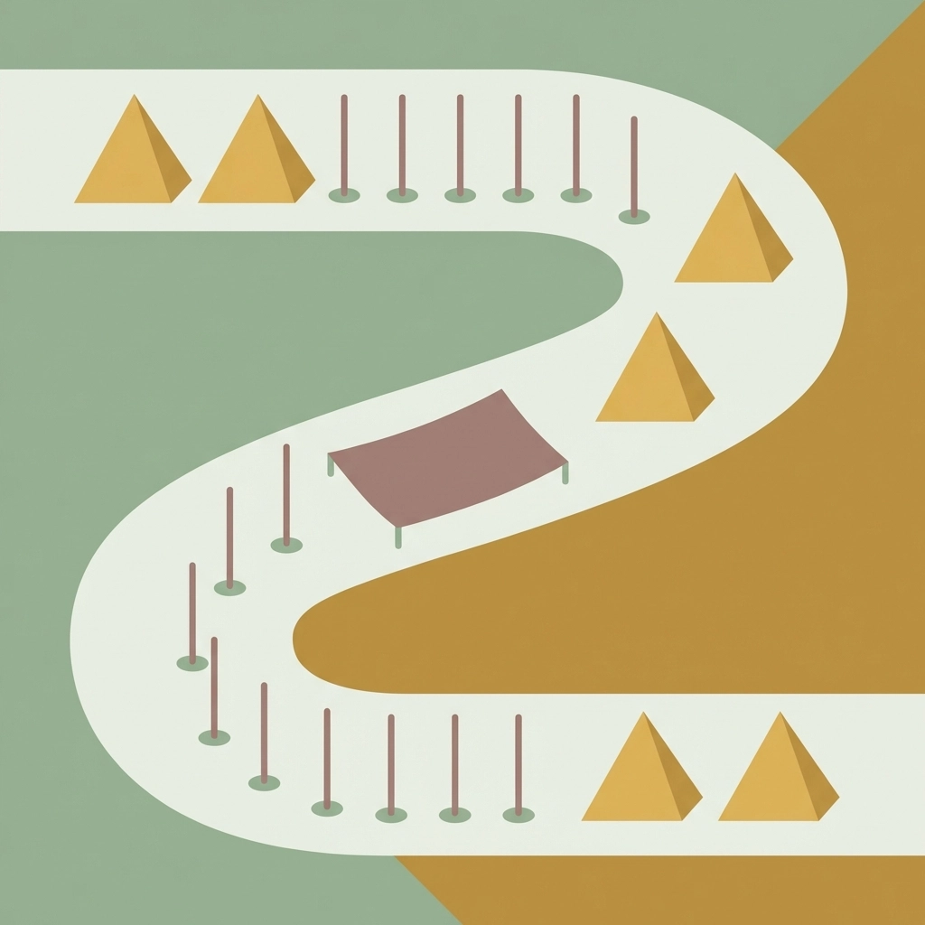 Aerial illustration of a farm obstacle course featuring hay bale pyramids, weave poles, and tarp crawl, highlighting course diversity.
