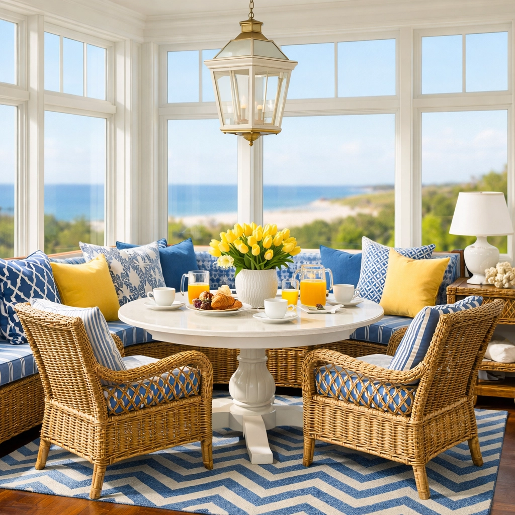 Sunny breakfast nook in a Barnstable home with crystal clear windows overlooking the Cape Cod coast.