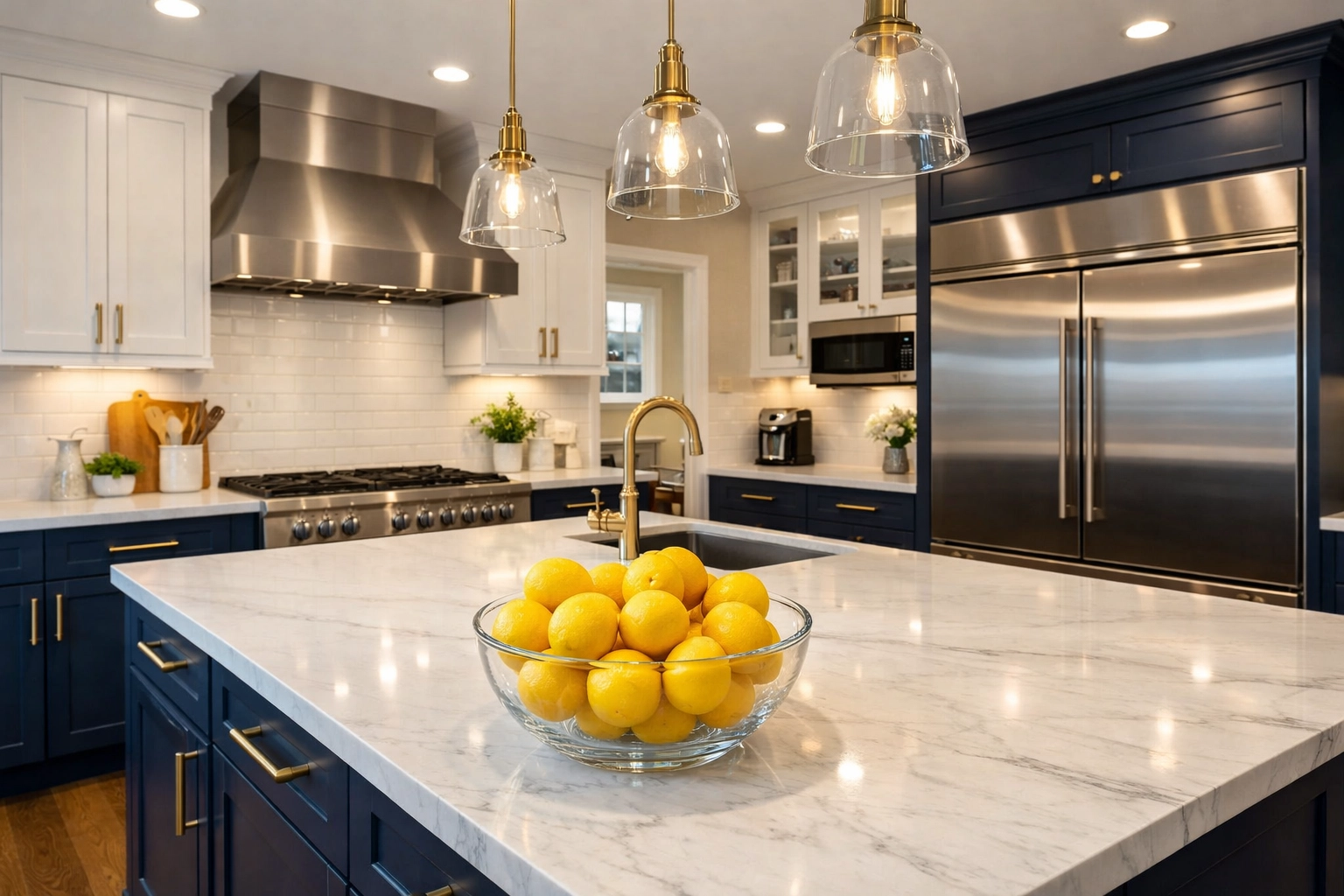 Sanitized luxury kitchen with marble countertops and blue cabinets after a professional clean.