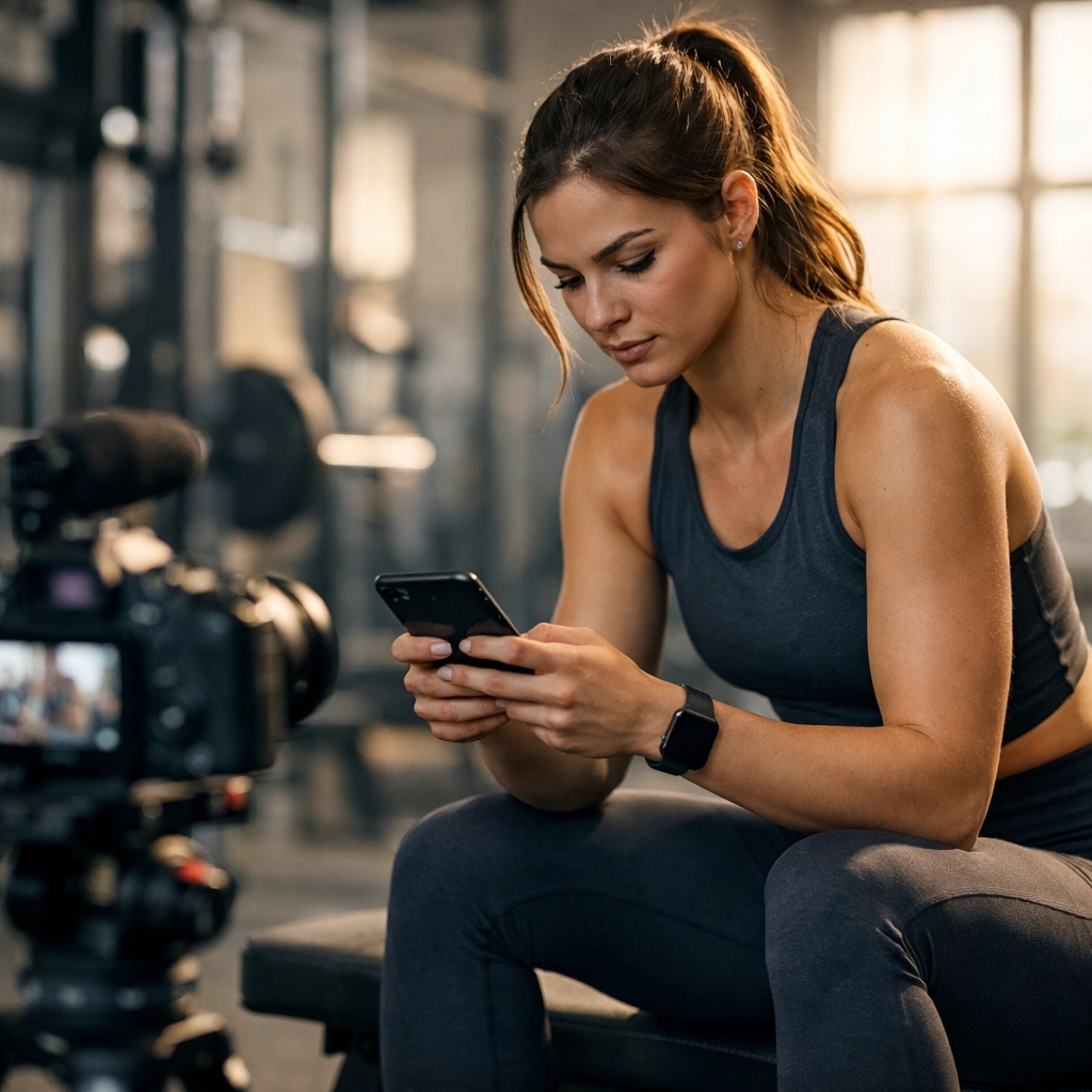 A female student-athlete reviewing social media content for a personalized NIL advertising campaign.