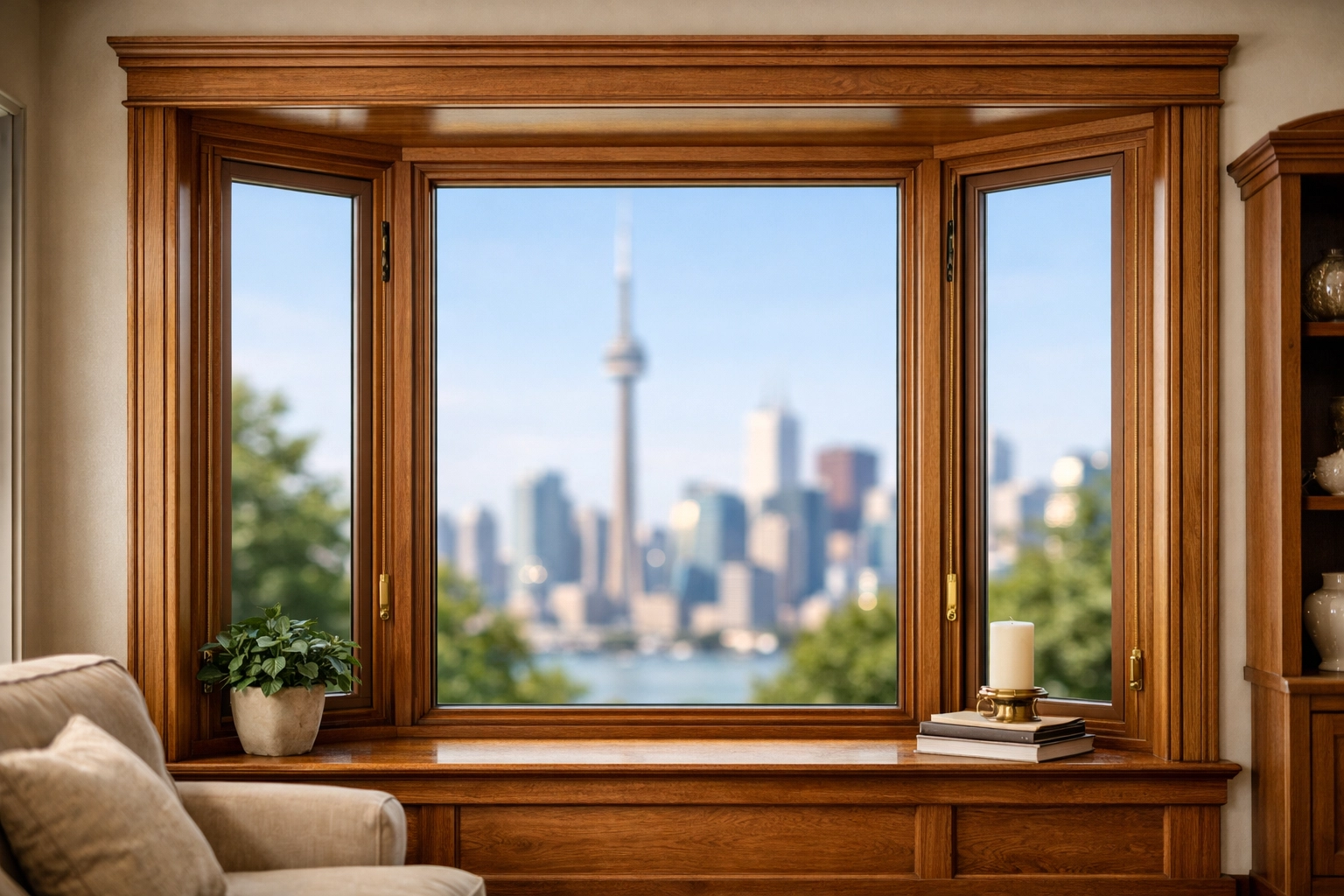 Clear views of the Toronto skyline through a professionally repaired window with a high-quality frame.