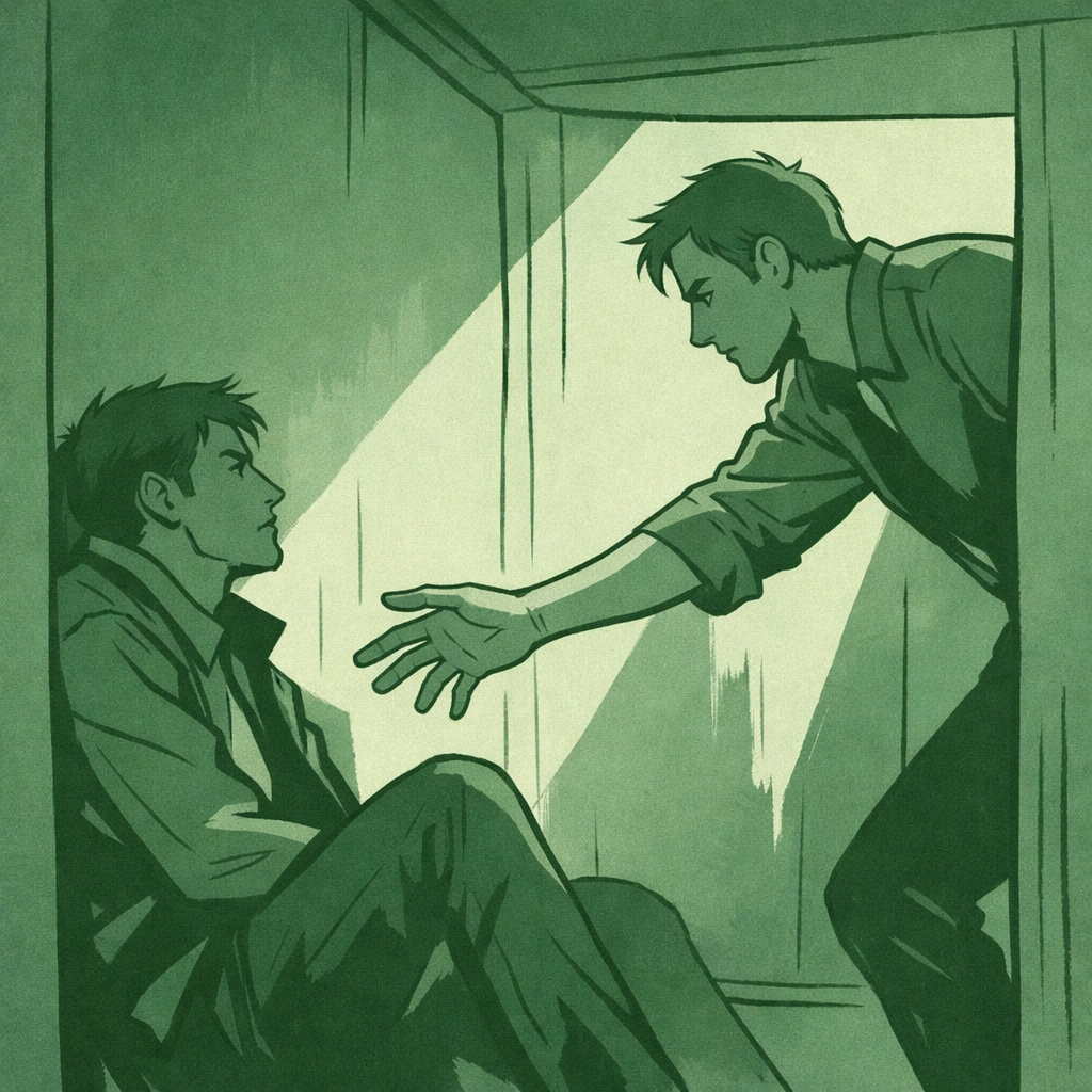 Two men in intimate yet dangerous moment - MM romance with dark thriller elements